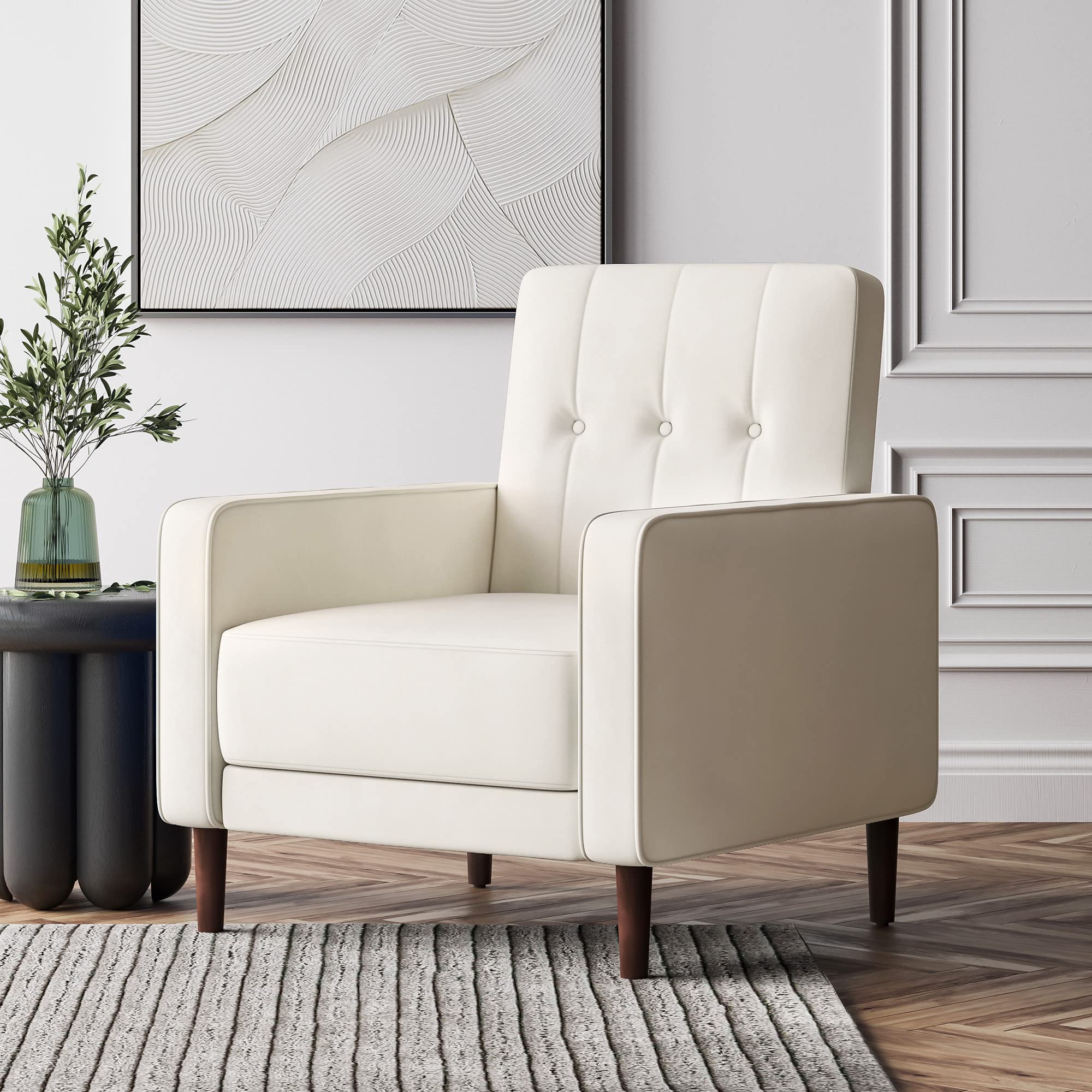 BELLEZE Mid Century Modern Velvet Accent Chair - Tufted Back Comfy Armchair for Living Room, Bedroom & Office - Upholstered Lounge Reading Chair (White Valencia) - Perfect for Small Spaces, Apartments & Cozy Corners
