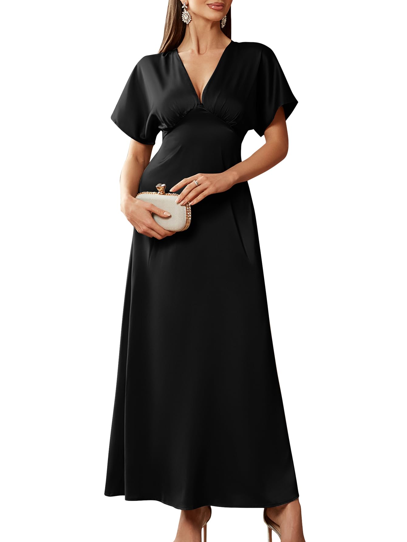 Elegant Women's Satin Maxi Dress 2025 - Deep V Neck, Flutter Sleeve A-Line Gown for Cocktail Parties, Evening Events & Special Occasions