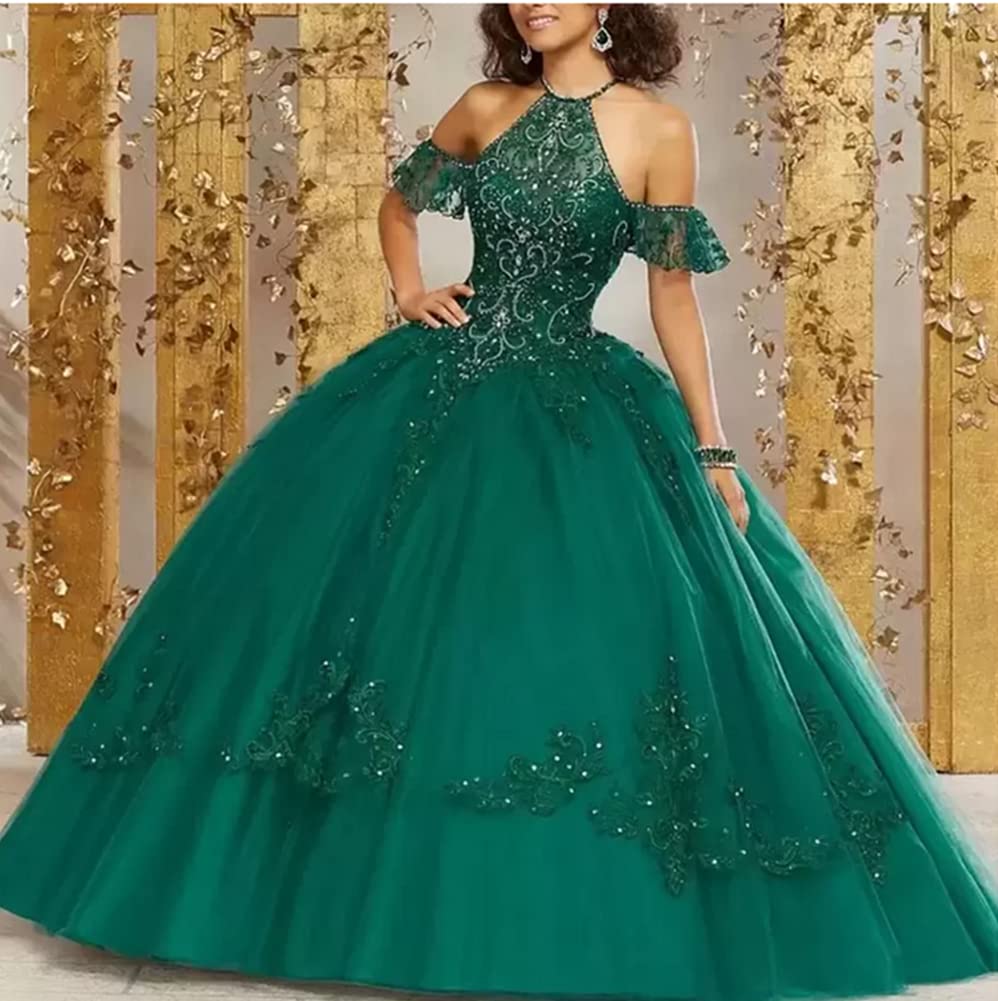 Elegant Women's Halter Beaded Quinceañera Dress with Sequins & Sleeves - Sweet 16 Ball Gown for Princess Birthday Party, Prom, Homecoming, and Formal Events