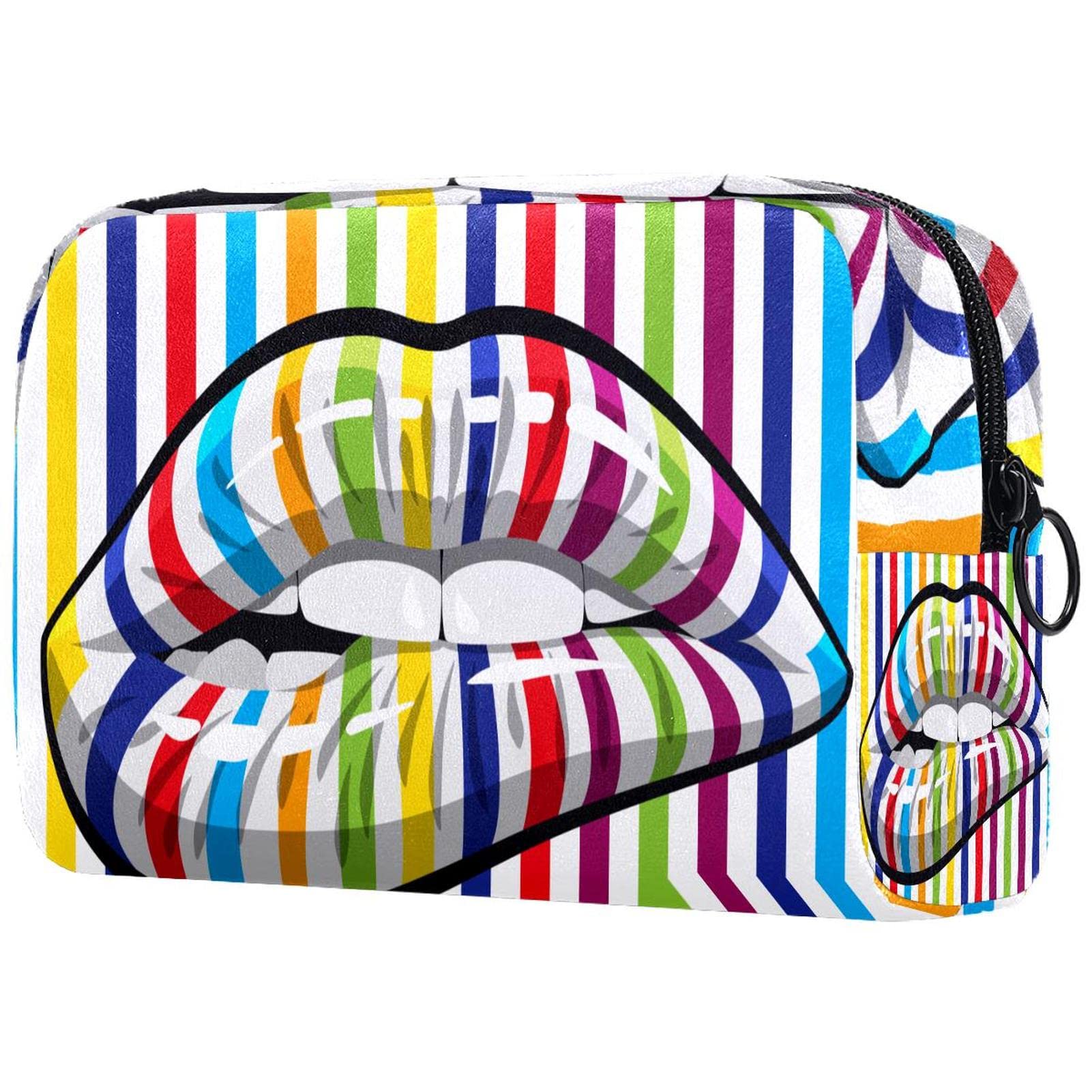 Small Travel Makeup Bag with Zipper - Kiss Mouth Rainbow Stripe Cosmetic Organizer for Women | Perfect for Travel, Gym & Daily Essentials Storage