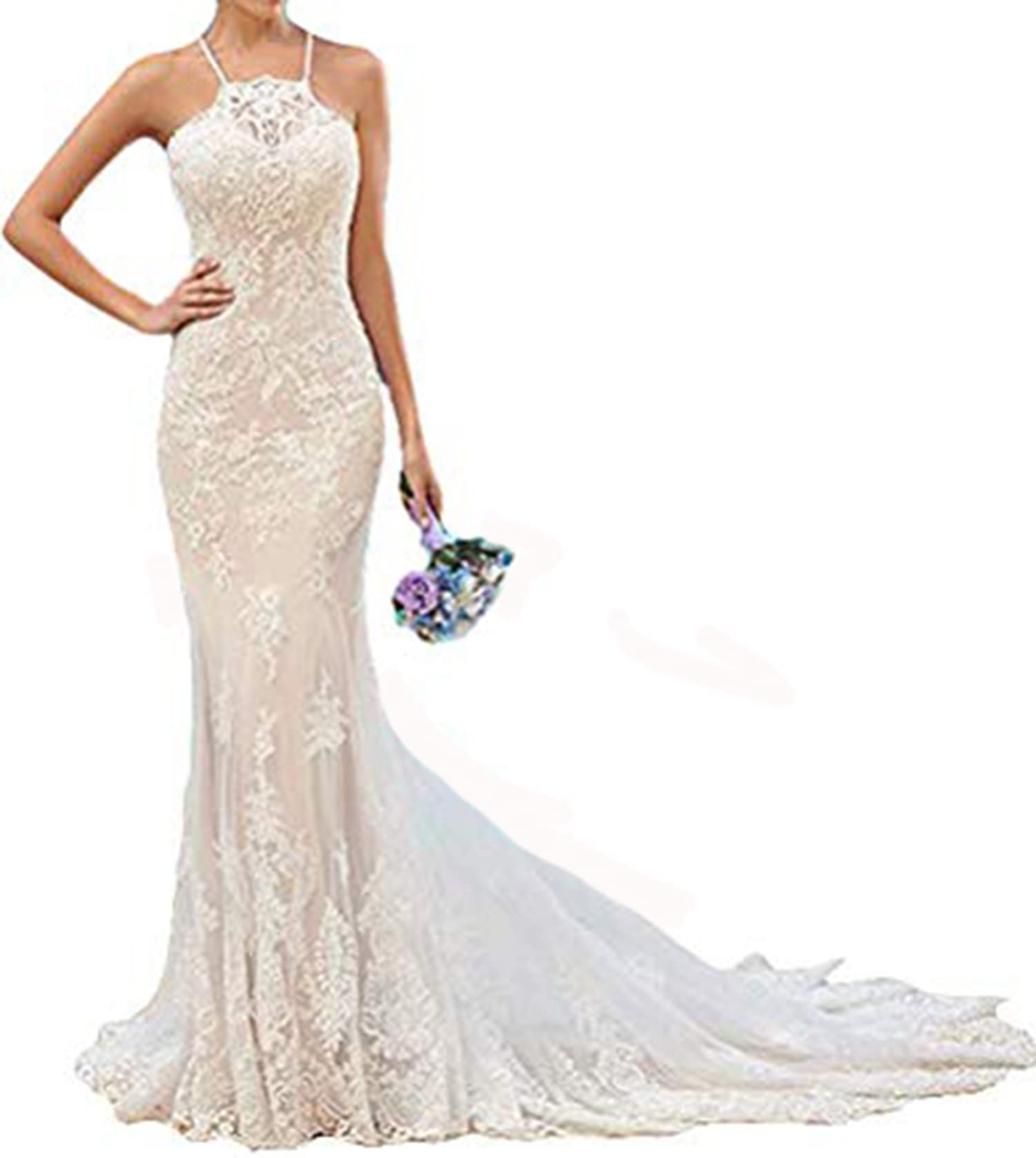 Elegant Halter Lace Long Train Beach Wedding Dress - Romantic Boho Bridal Gown for Outdoor, Destination & Beach Ceremonies