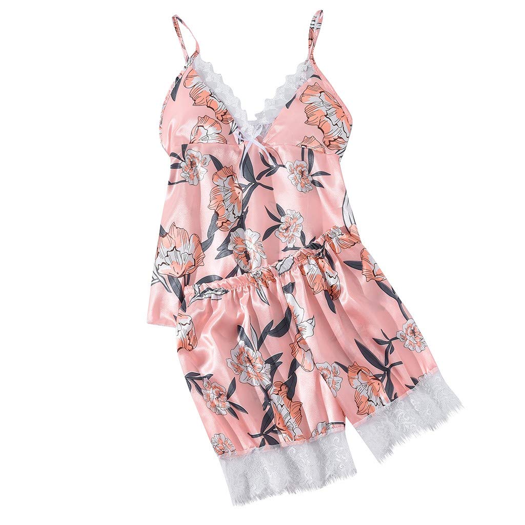 TOTAMALA 2/3PCS Women's Satin Pajama Set - Floral Print Silk Lingerie with Bow & Lace Trim - Comfortable Sleepwear Nightgown for Lounge, Sleep & Special Occasions