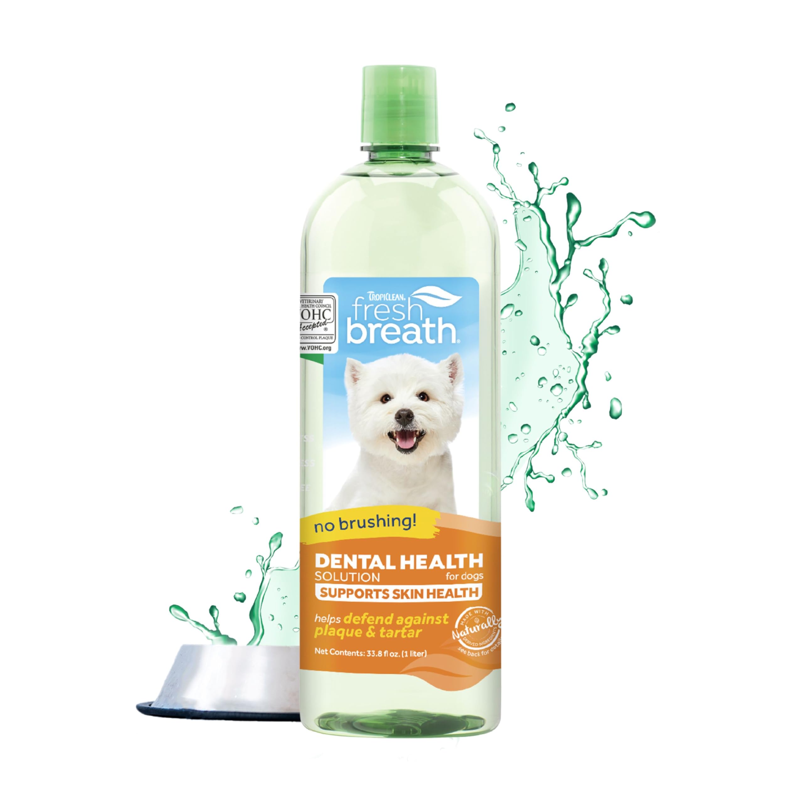 TropiClean Fresh Breath Water Additive for Dogs with Omega 3 & 6 - Dog Dental Care Solution for Teeth Cleaning & Skin Health | 33.8oz | Promotes Oral Hygiene & Healthy Coat | Ideal for Daily Water Bowl Use