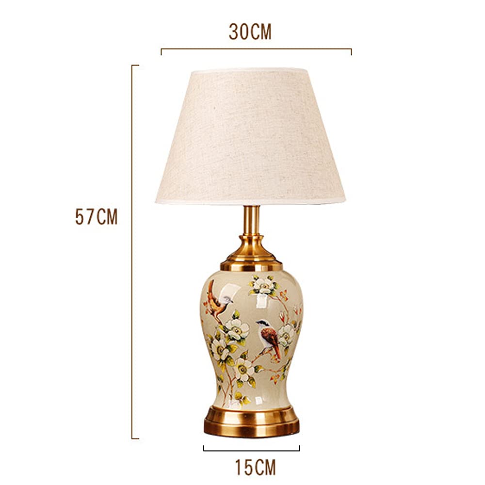 Classic Chinese Flower & Bird Ceramic Table Lamp - Large Oriental Porcelain Base with Fabric Lampshade, 22.4