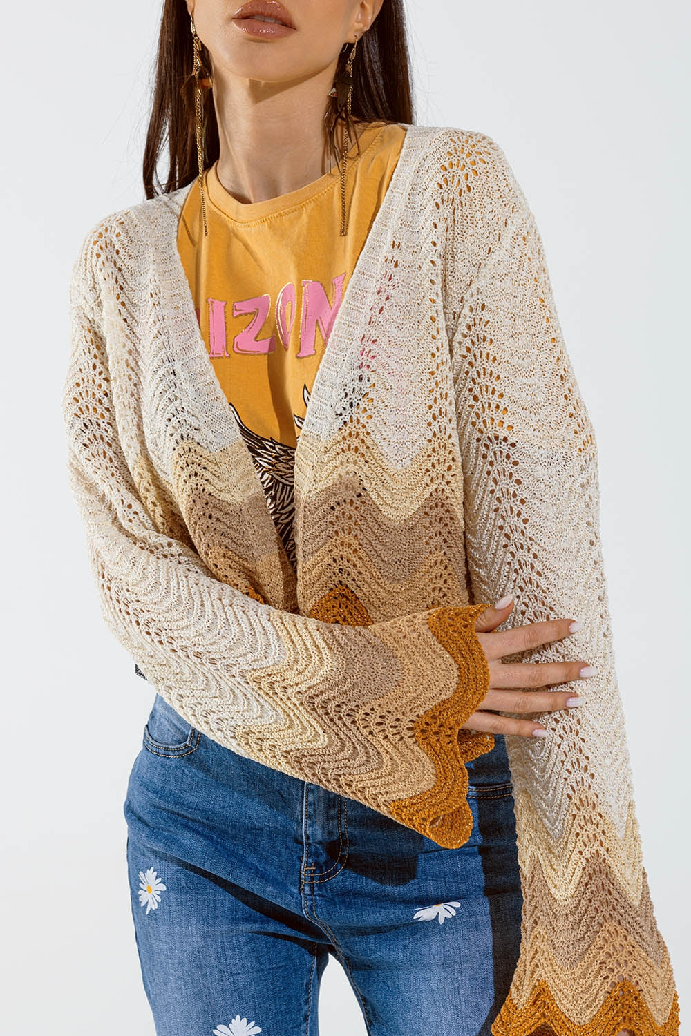 Beige Angel Sleeve Knit Cardigan with Multicolor Wave Design - Perfect for Casual Outfits, Office Wear, and Cozy Evenings