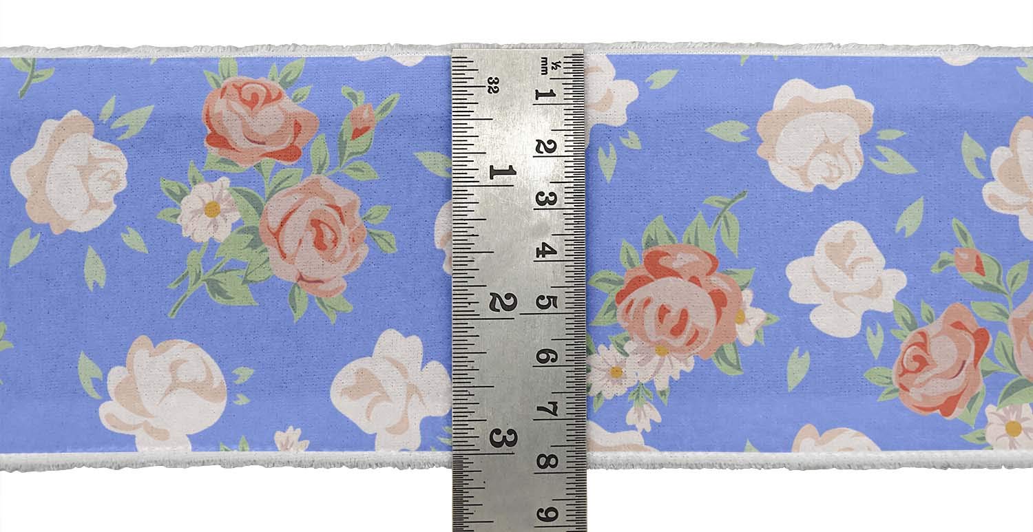Indian Beautiful Art Blue Leaves & Rose Floral Printed 4-Inch Dupion Fabric Ribbon Trim - 9 Yards for Crafts, Sewing Accessories | Perfect for DIY Projects, Gift Wrapping, and Home Decor
