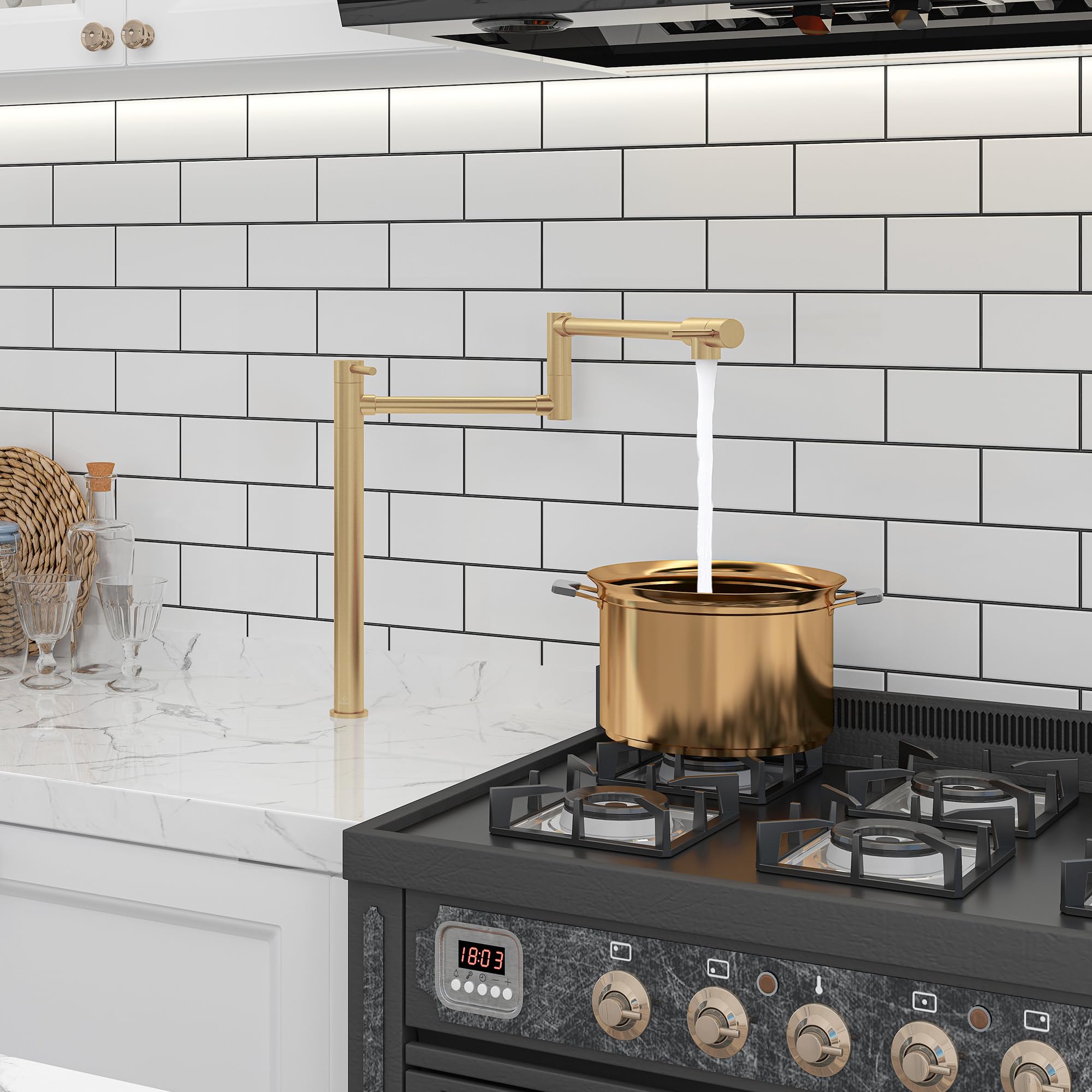 CASAINC Brushed Gold Pot Filler Deck Mount Kitchen Faucet - 2 Handle Folding Faucet with Adjustable Swing Arms for Stove - Perfect for Cooking, Filling Pots & Kitchen Tasks (Brass Construction)