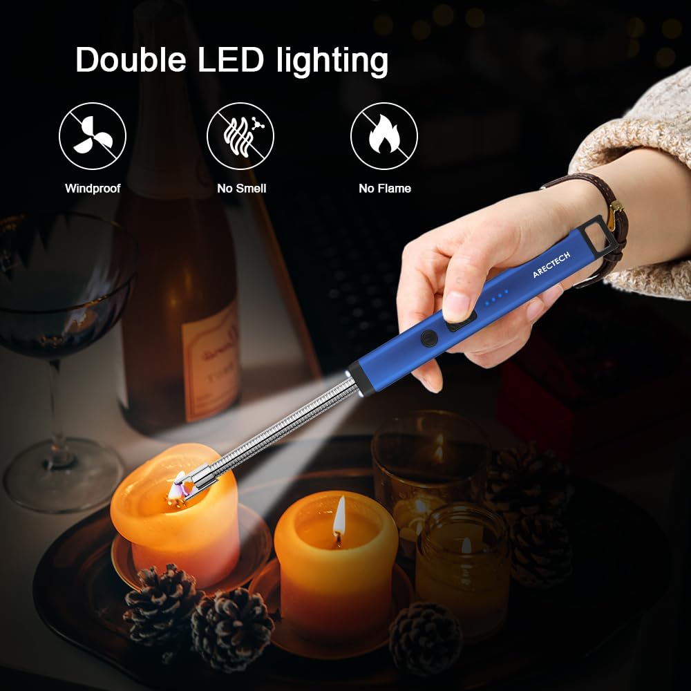 ARECTECH USB Rechargeable Electric Arc Lighter - Windproof Flameless Lighter for Candles, Camping, Fireworks, BBQ & Outdoor Use - Perfect Christmas Birthday Gift for Men & Women (Blue with LED Light) - Ideal for Home, Travel, Emergency Kits & Romantic Settings