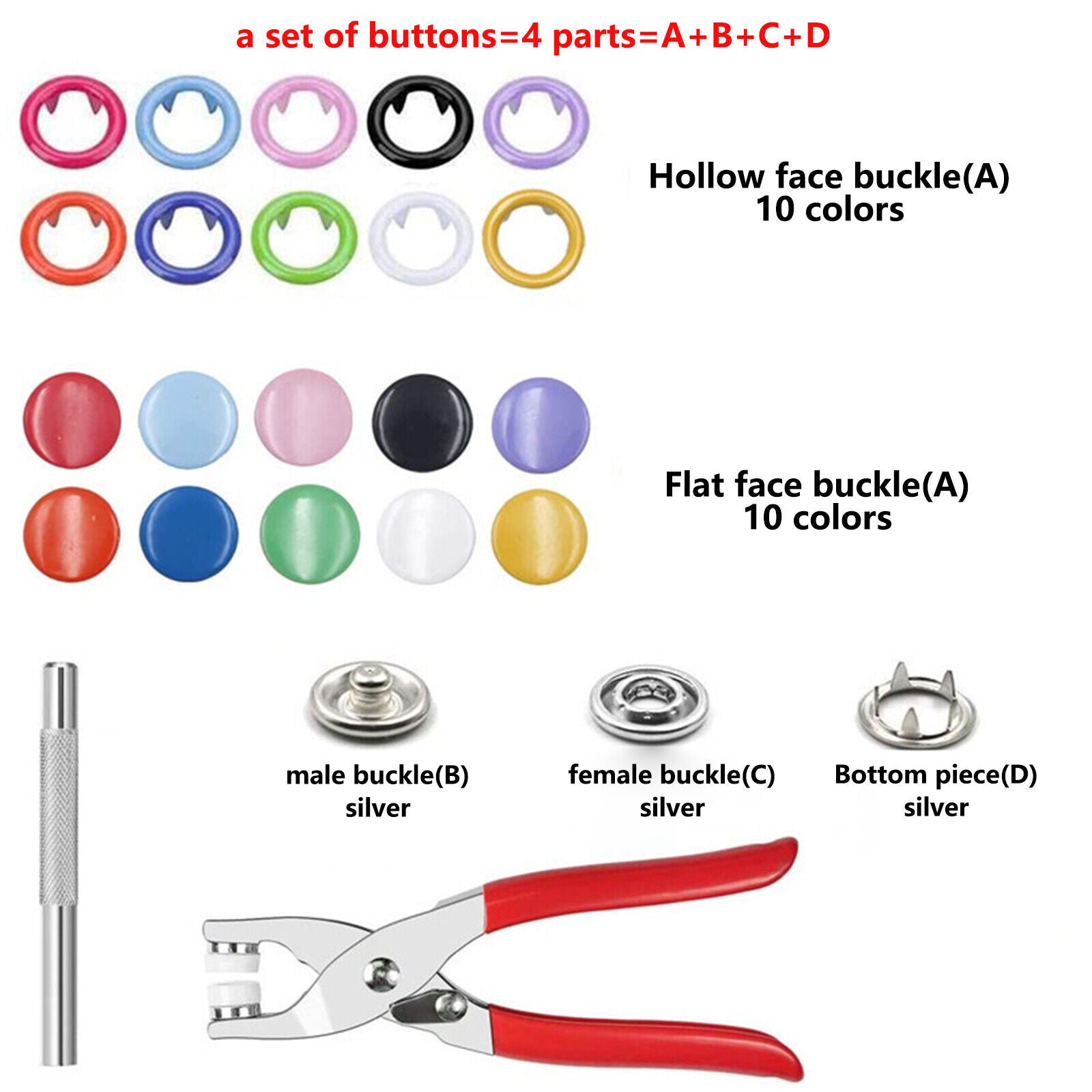 100Pcs Metal Sewing Buttons Press Stud Snap Fastener Kit with Plier Tool - DIY Clothing Repair, Jeans Jacket Crafting, Leather Accessories Making