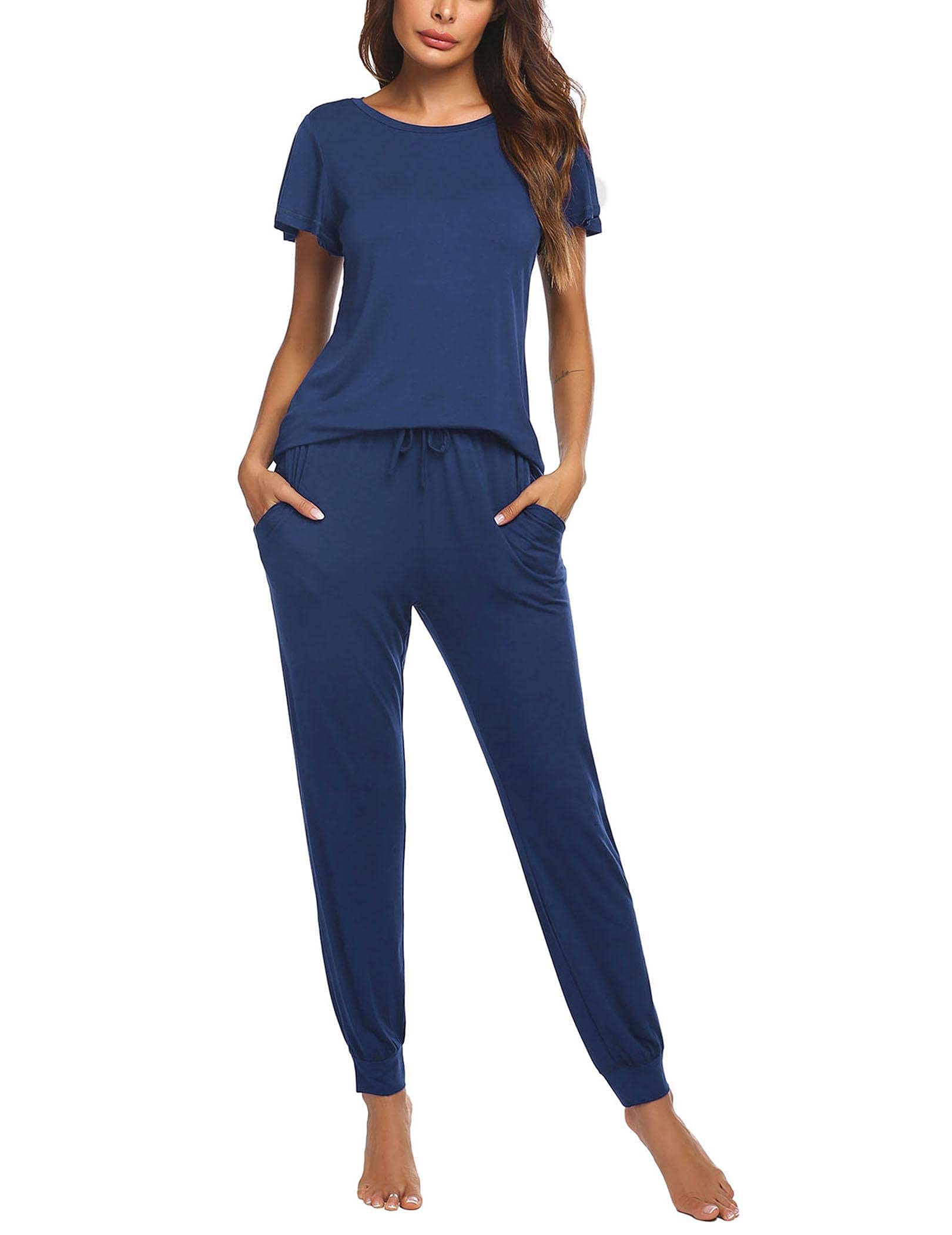 Ekouaer Women's Pajama Sets - Soft Short Sleeve Sleepwear & Long Pants Lounge Set with Pockets | Comfortable Sleep & Relaxation Wear for Nighttime & Home Use