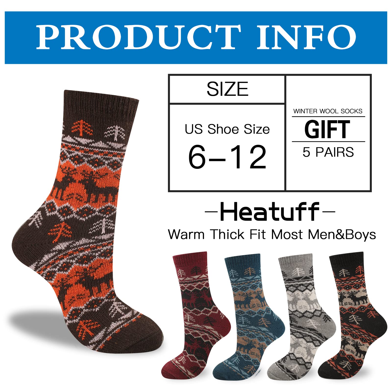 Heatuff Men's Thick Wool Socks - Thermal Winter Crew Socks (5 Pairs, Multicolor) for Hiking, Skiing & Cold Weather Outdoor Activities