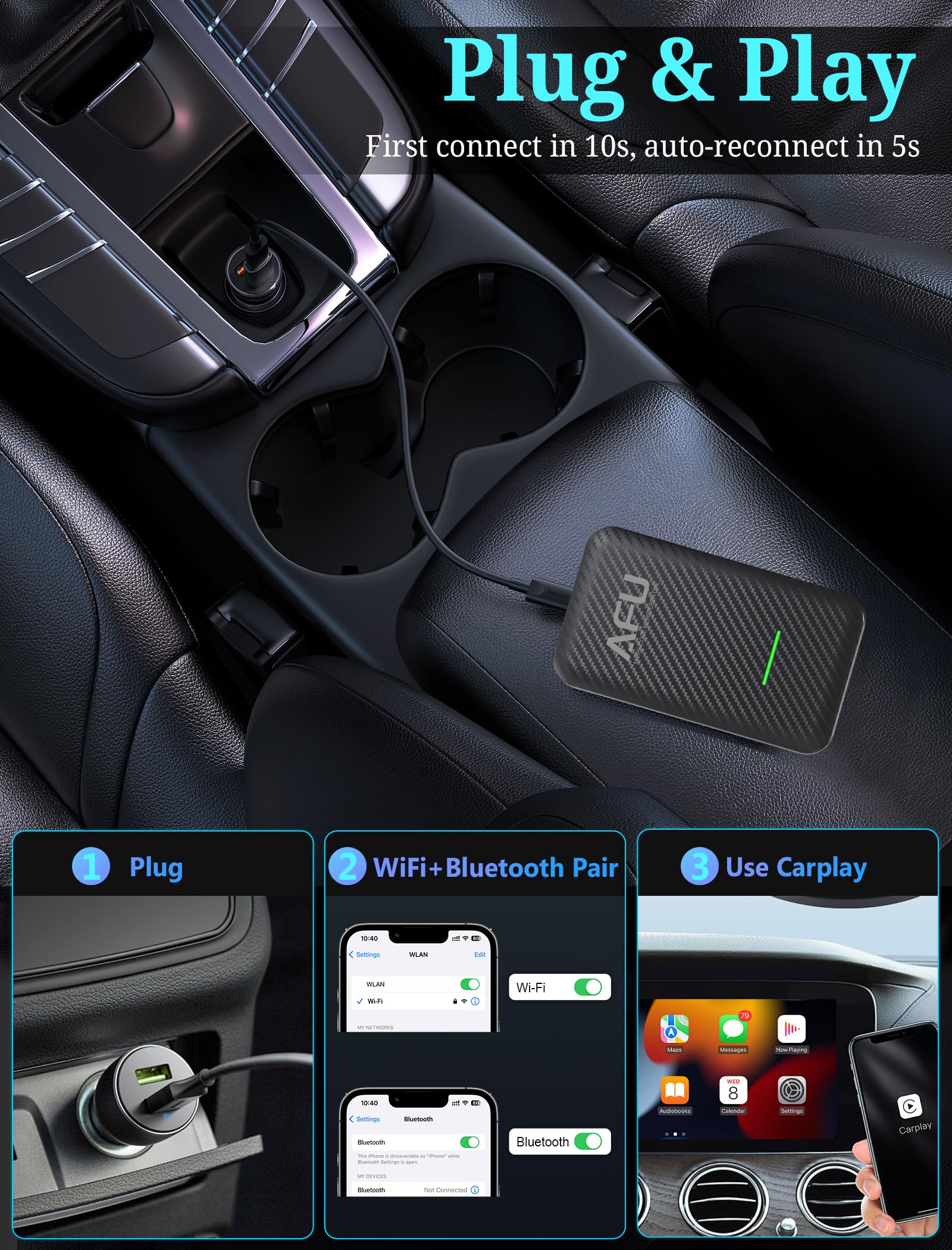 Wireless CarPlay Adapter for iPhone - Convert Wired to Wireless CarPlay, Plug & Play with Fast Stable Bluetooth Connection, USB-A & USB-C CarPlay Dongle - Perfect for Commuting, Road Trips & Hands-Free Driving
