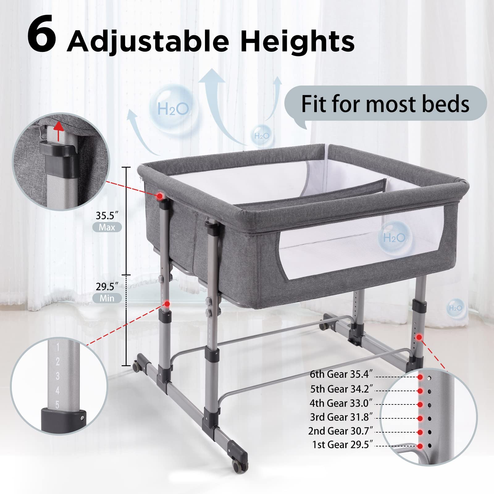iHoming Double Bassinet for Twins - Adjustable Bedside Crib for 2 Babies, Safe Co-Sleeper with Breathable Mesh (Grey) | Perfect for Newborn Nursery & Parent Bedroom Convenience
