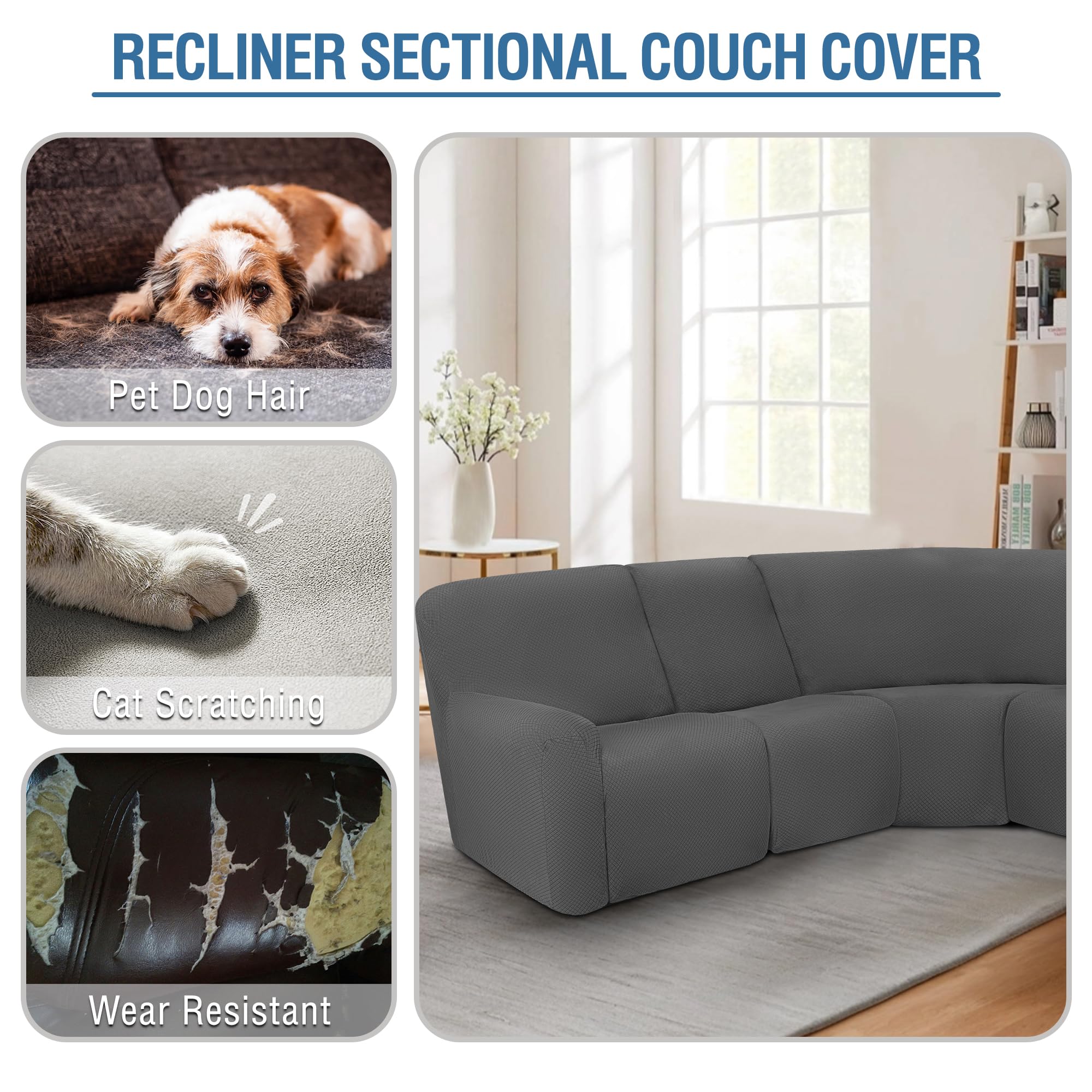 ALIECOM 100% Waterproof Recliner Sofa Cover - 5-Piece Jacquard Stretch Sectional Couch Slipcover for L-Shaped Reclining Furniture (Dark Gray) - Perfect for Living Room, Family Room & Home Theater Protection