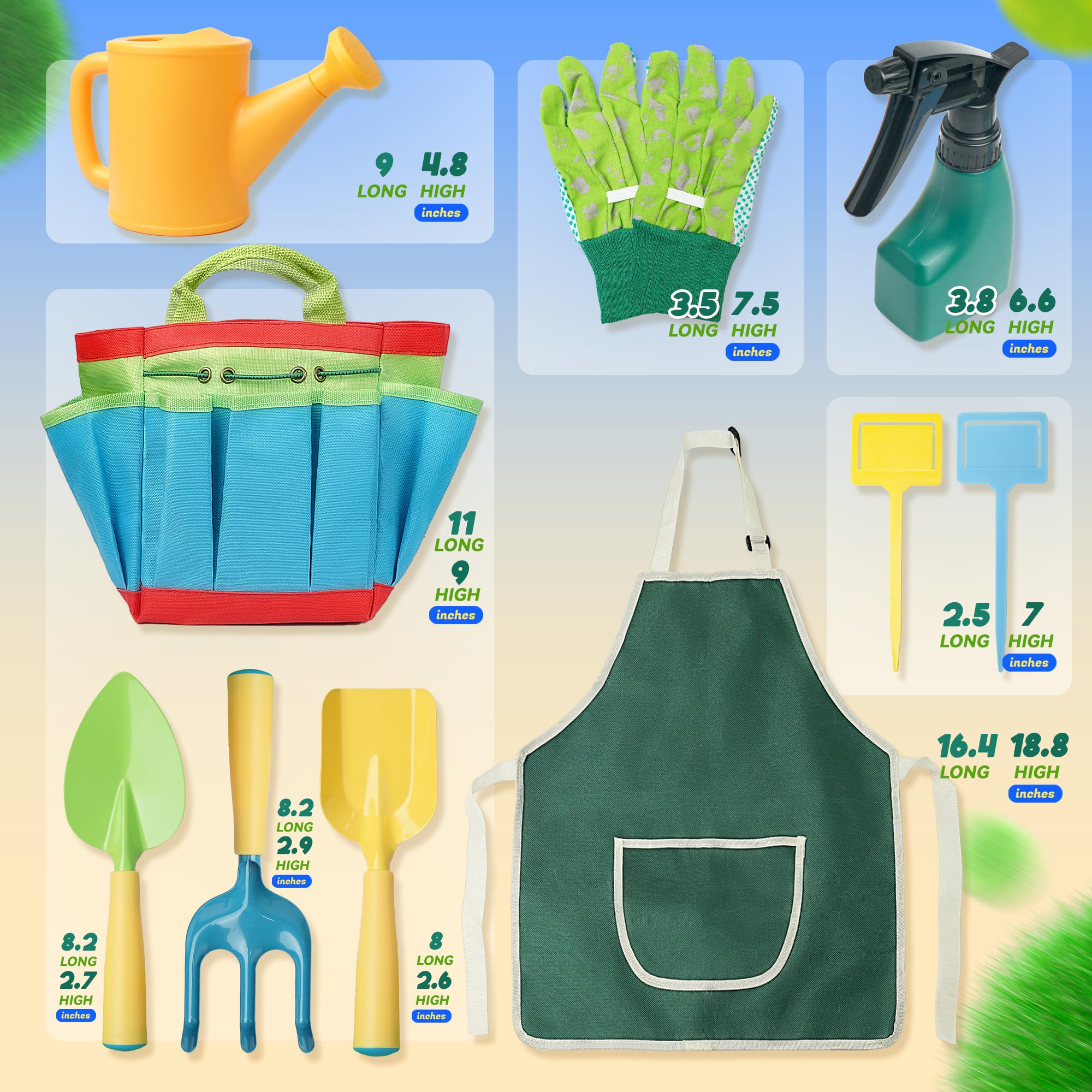 **Kids Gardening Tools Set - Toddler Gardening Kit with Shovel, Rake, Trowel, Apron, Tote Bag & Watering Can - Perfect Gardening Gift for Boys & Girls - Fun Outdoor Activity for Kids - JC1008**