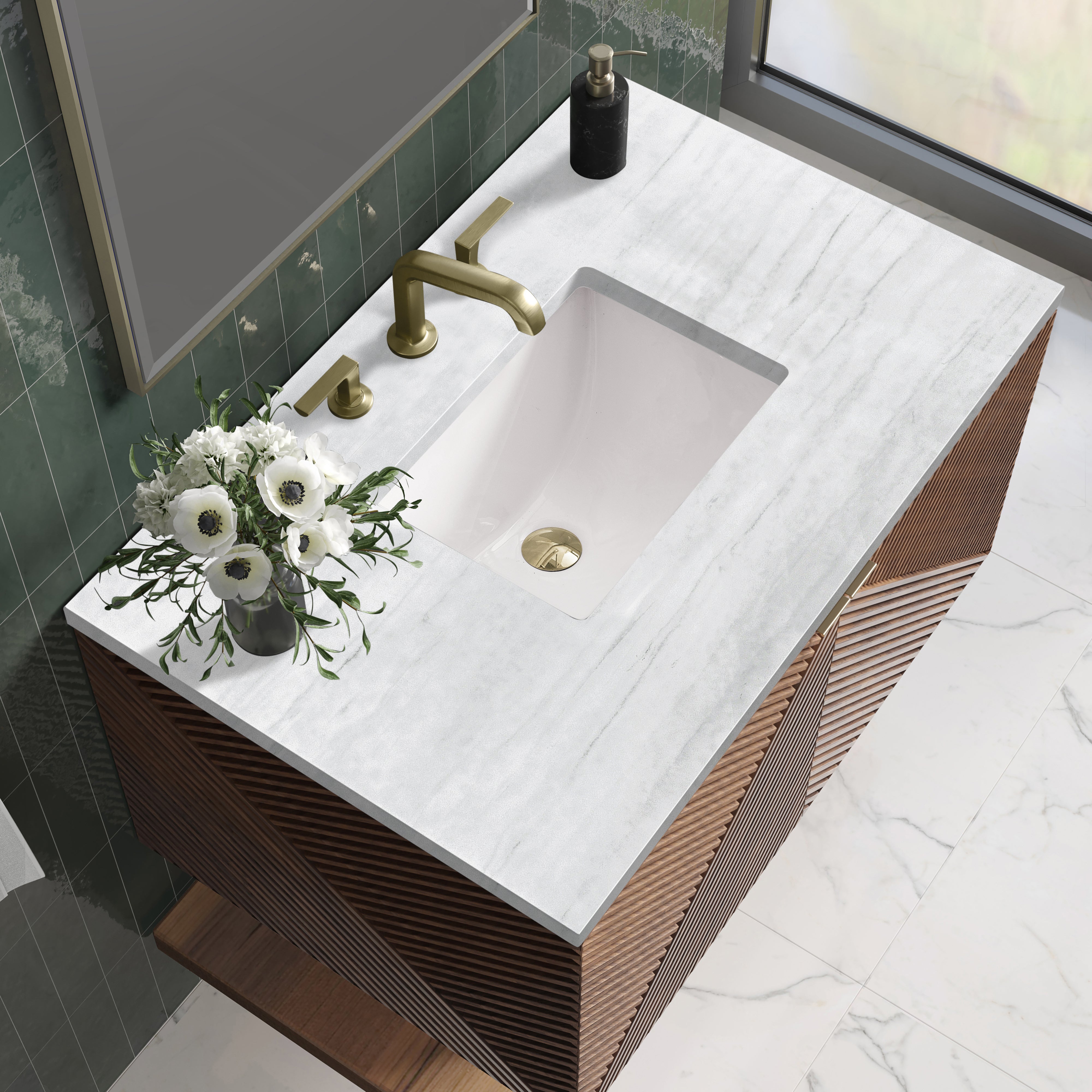Marcello 36 Inch Single Bathroom Vanity with Sink - Chestnut Finish & 3CM Arctic Fall Quartz Top - Perfect for Modern Master Bathrooms & Guest Bath Remodels