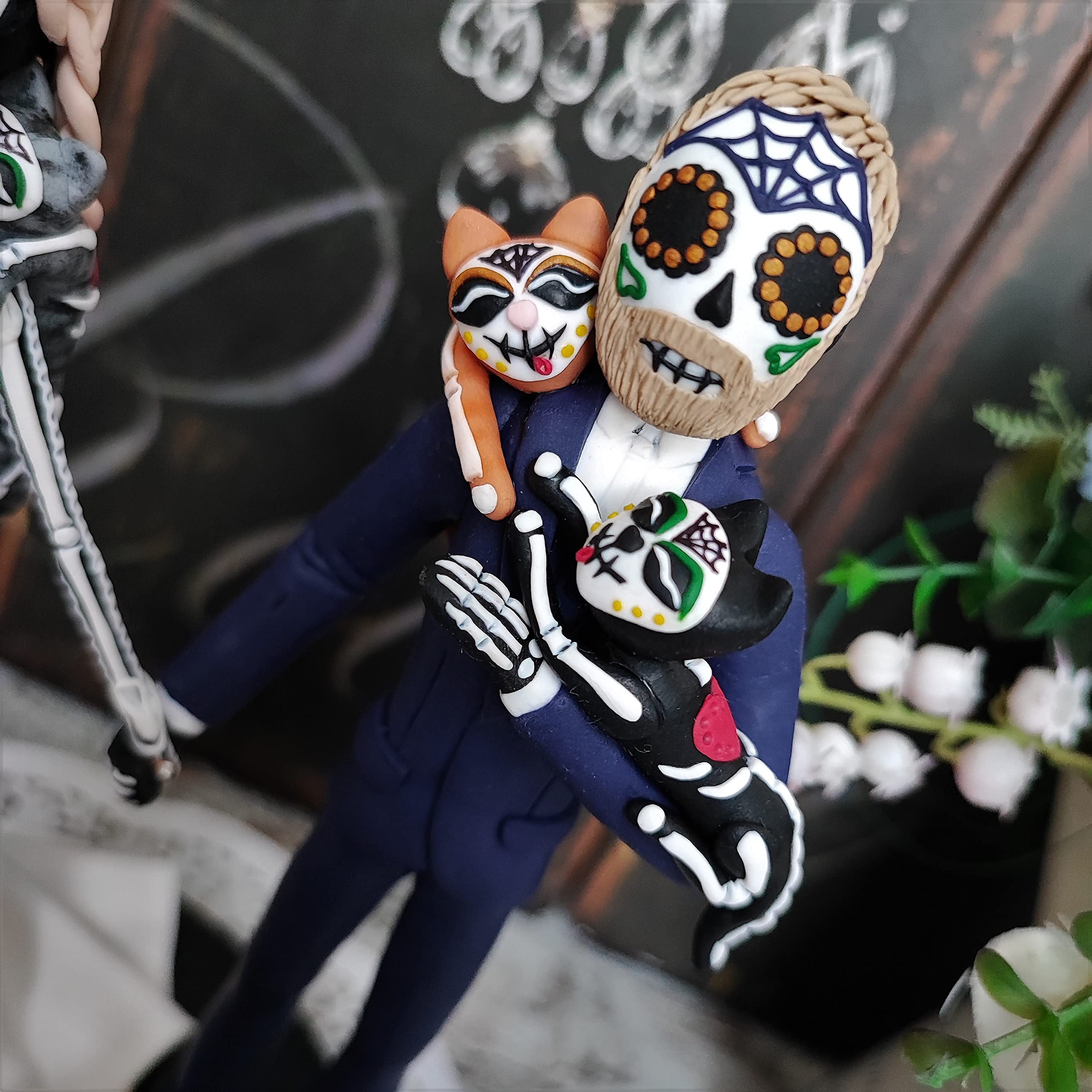 Mexican Day of The Dead Wedding Cake Toppers - Handmade Sugar Skull Decorations for Wedding, Quinceañera & Halloween Celebrations