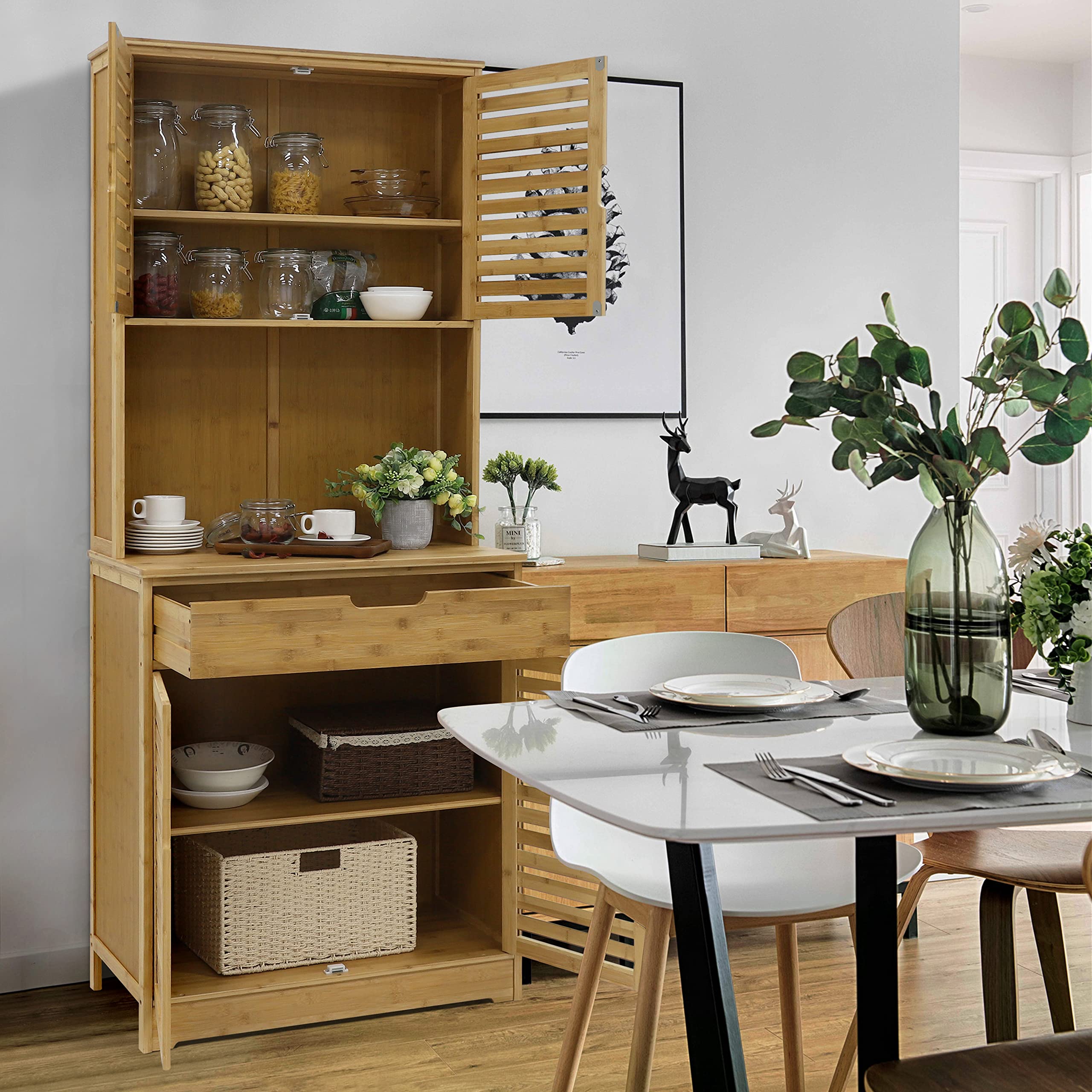 MUPATER 72 Inch Bamboo Kitchen Pantry Cabinet with Microwave Stand - Freestanding Storage Hutch with Shelves, Cupboard & Drawer for Home Organization - Perfect for Small Kitchens, Apartments & Dining Room Storage