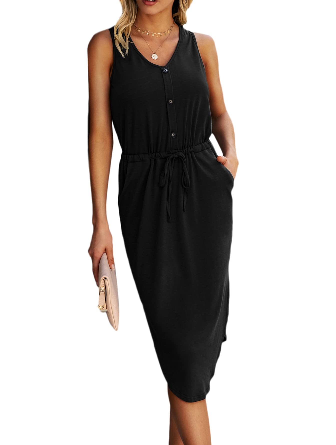 SweatyRocks Women's Sleeveless Adjustable Waist Button Midi Dress with Pocket - Summer Casual Flowy Dress for Beach, Party & Office Wear
