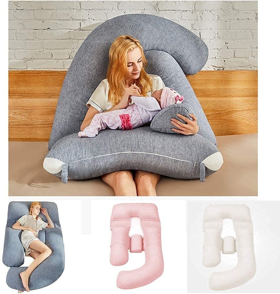 **Pregnancy Pillow for Sleeping - Maternity Body Pillow with Cotton & Linen Cover, Detachable Lumbar Support for Waist & Abdomen Relief (Blue) - Perfect for Side Sleepers & Expecting Moms**