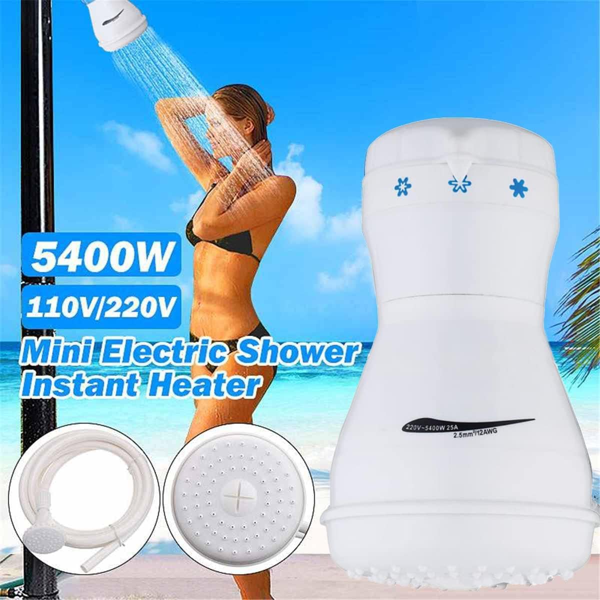 5400W Instant Hot Electric Water Heater with Adjustable Nozzle & Hose - 3-Speed Fast Heating Shower Head for Bathroom - Perfect for Home, RV, and Outdoor Camping Showers