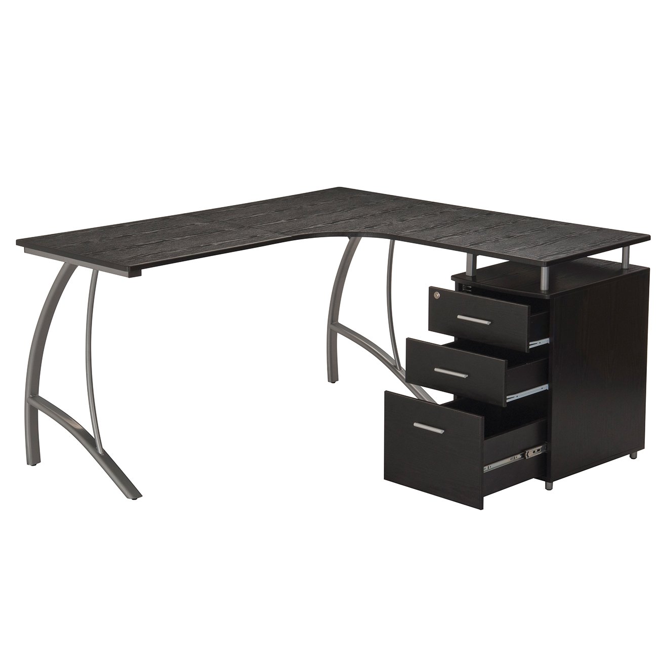 Techni Mobili L-Shaped Computer Desk with File Cabinet & Corner Storage - Adjustable Left/Right Hand Configuration, Espresso Brown - Perfect for Home Office, Study & Workspace Organization