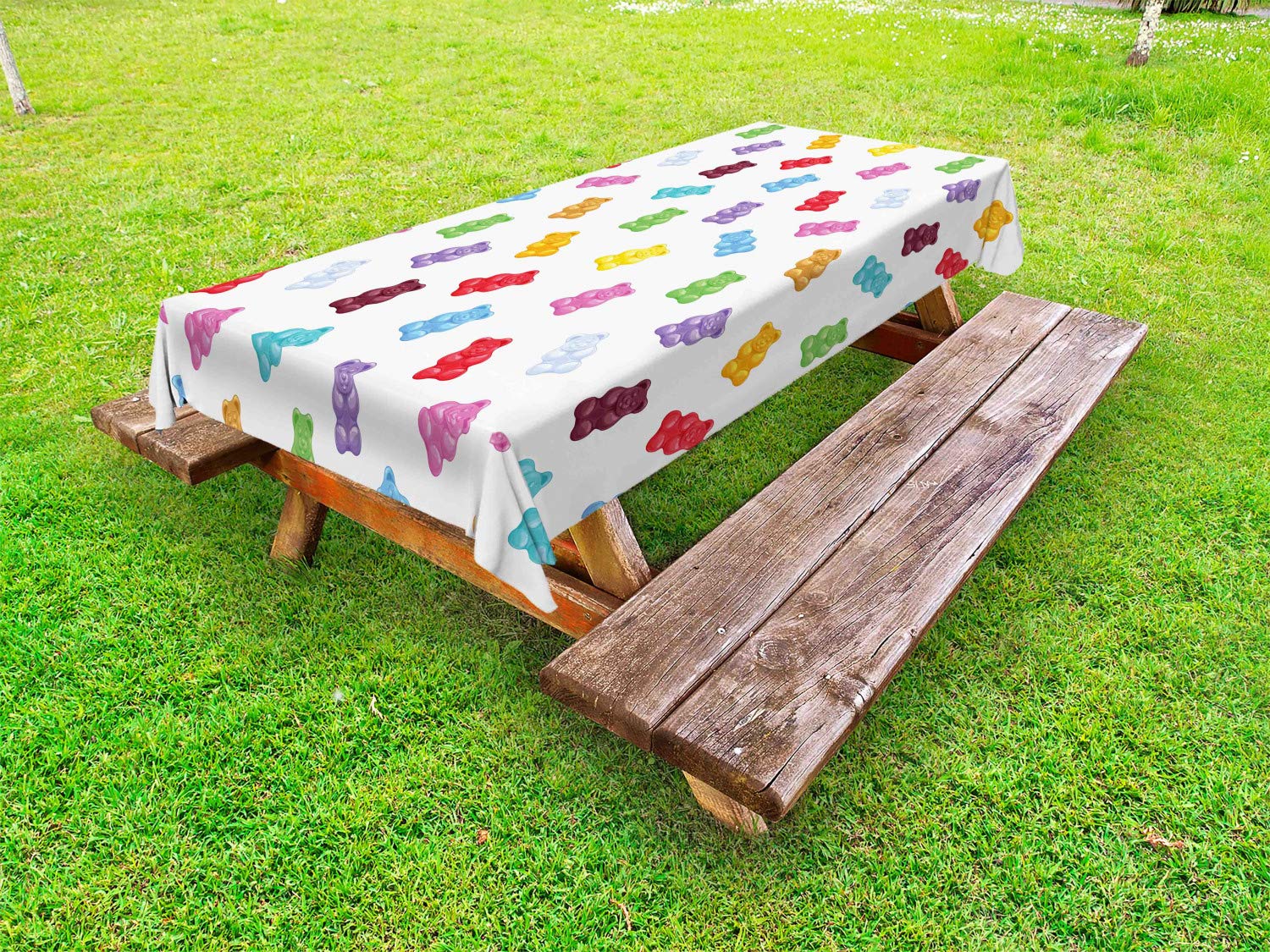 Ambesonne Gummy Bear Tablecloth - Vibrant Candy Print Washable Picnic Table Cover 58x120 Inches - Perfect for Outdoor Dining, Birthday Parties & Dessert-Themed Events