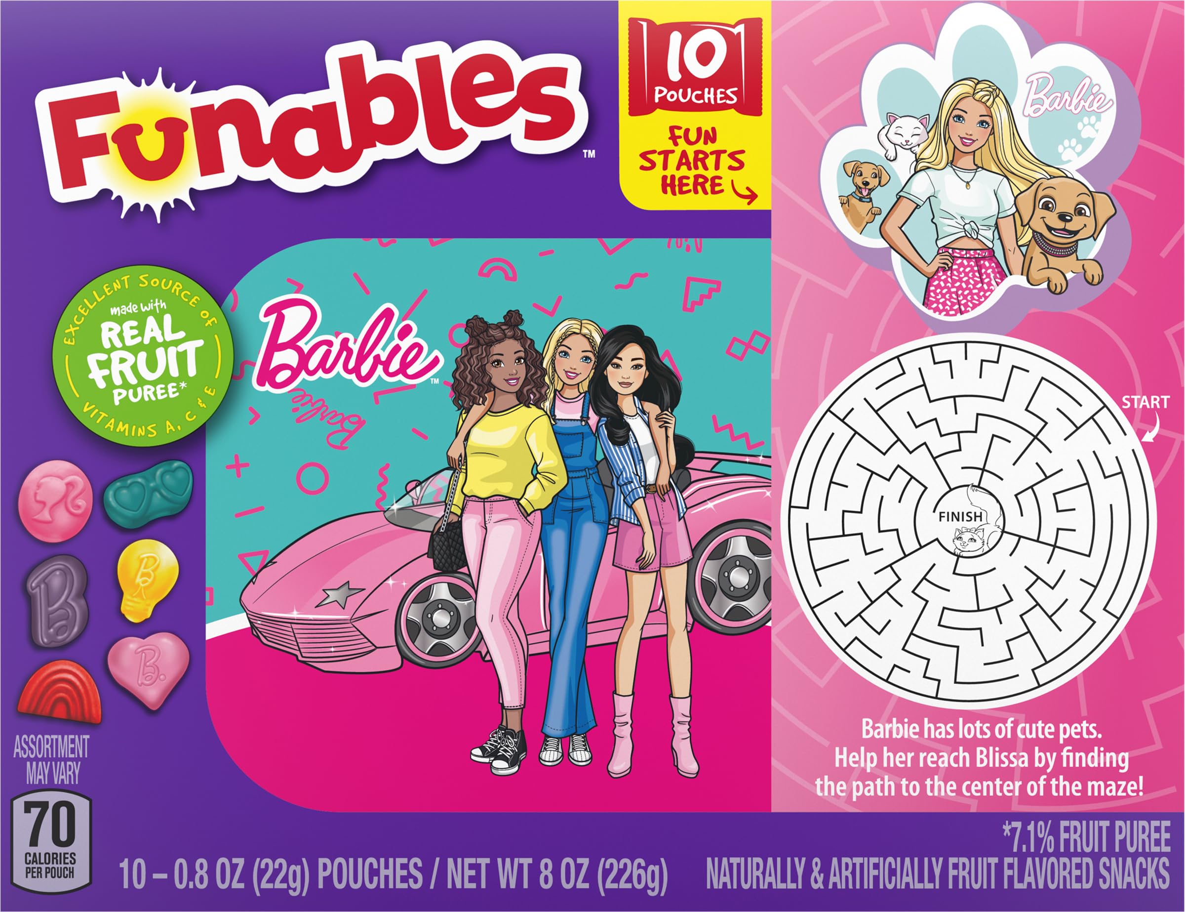 Funables Fruit Snacks - Barbie Shaped, Mixed Fruit Flavored, 0.8oz Pouches (Pack of 10) | Healthy Kids Snacks for School Lunches, Birthday Parties & On-the-Go Treats