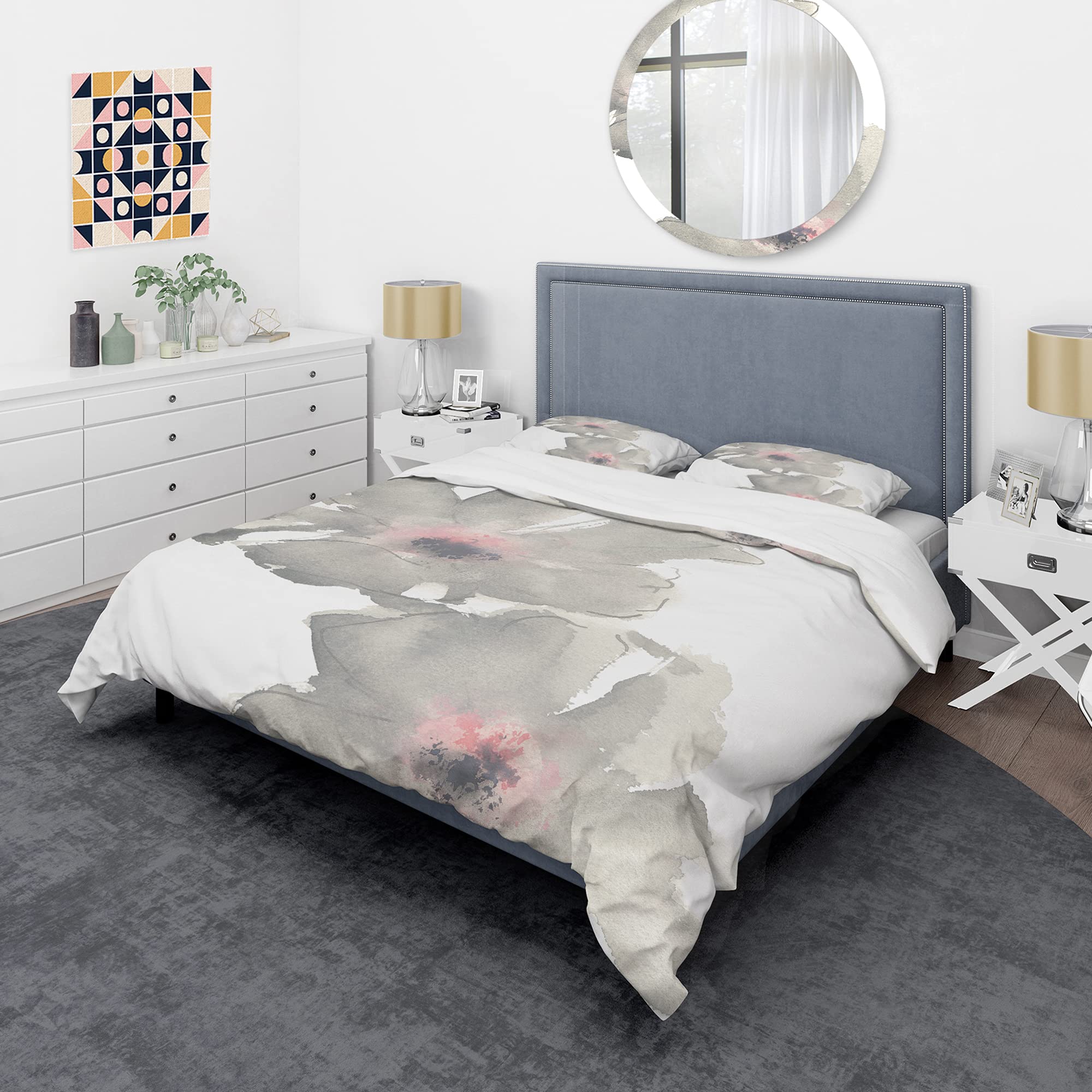 DesignQ Shabby Gray Blush Cosmo II Shabby Chic Duvet Cover Set - King Size Grey Floral Bedding (3-Piece) | All-Season Luxury Bedding for Master Bedroom & Guest Room Decor