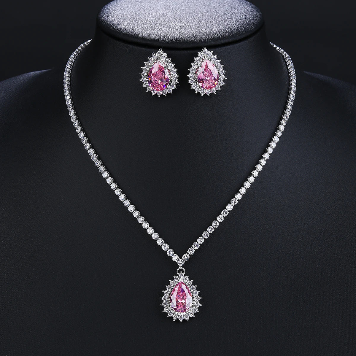 Elegant Big Light Green Pink White Water Drop CZ Crystal Necklace Earrings Set for Women - Engagement Party Wedding Costume Jewelry - Perfect for Bridal Shower, Prom, Evening Gala & Special Occasions