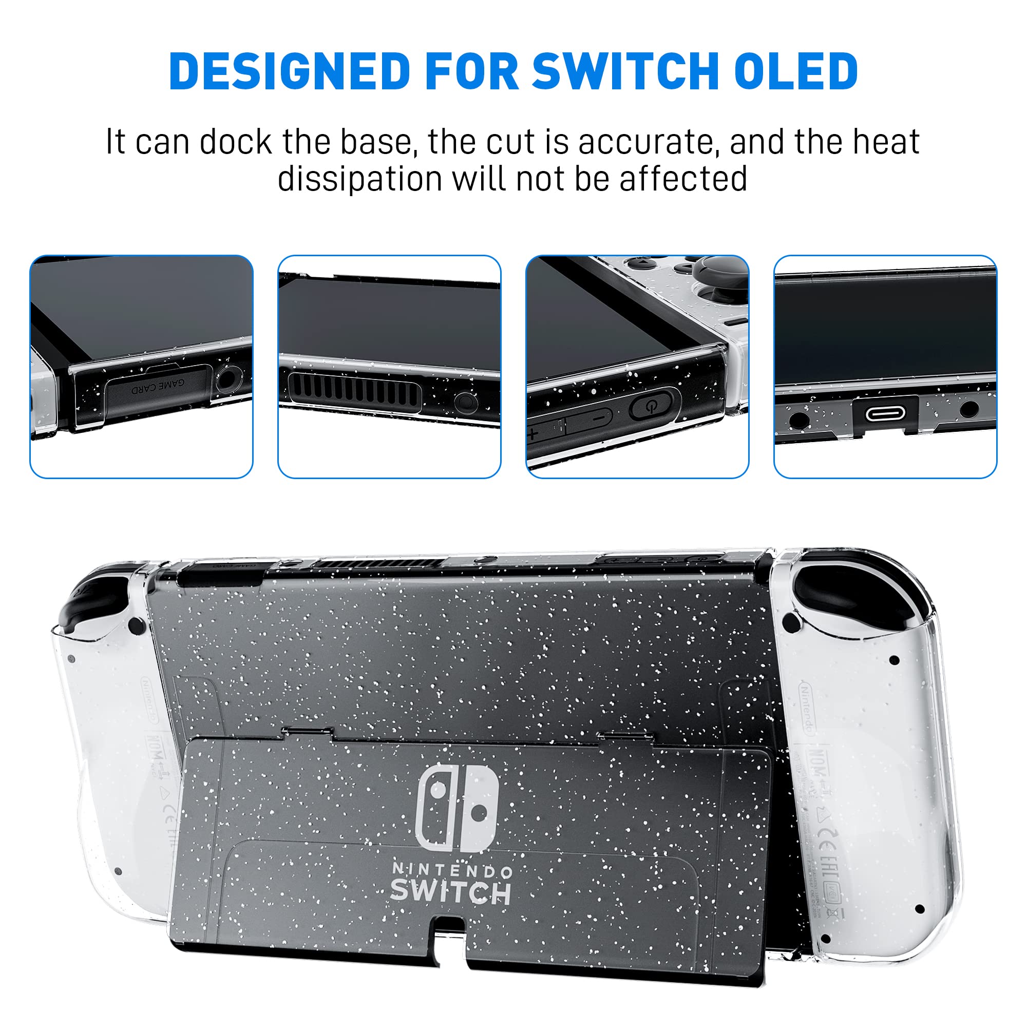 FUNDIARY Glitter Dockable Protective Case for Nintendo Switch OLED - Shockproof TPU Shell with Comfort Grip, 12 Thumb Caps & Screen Protector | Perfect for Gaming, Travel & Home Entertainment