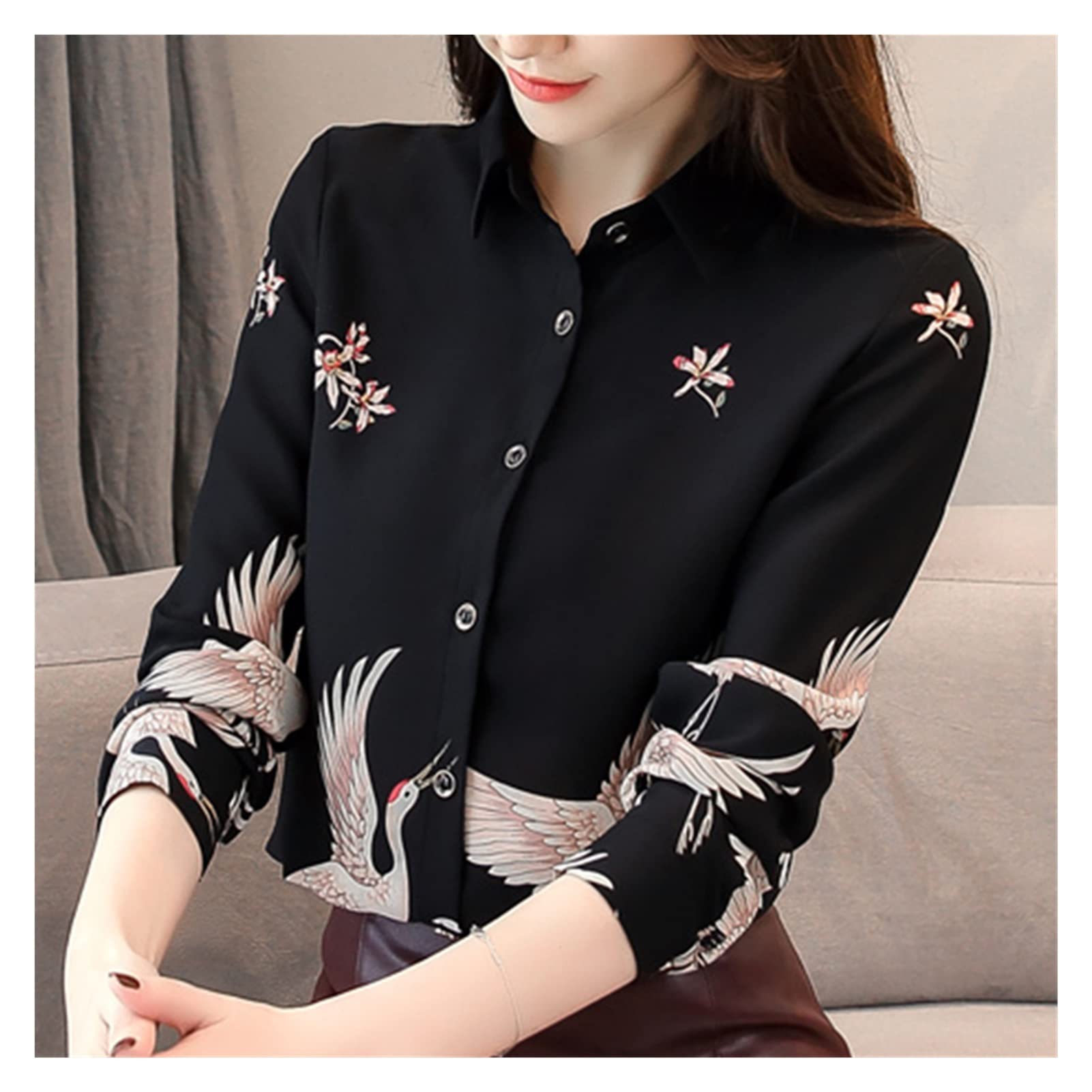 Elegant Long Sleeve Chiffon Blouse for Women - Turn Down Collar Office Shirt with Floral Print (Size 2XL) - Perfect for Business Attire, Formal Events & Professional Workwear