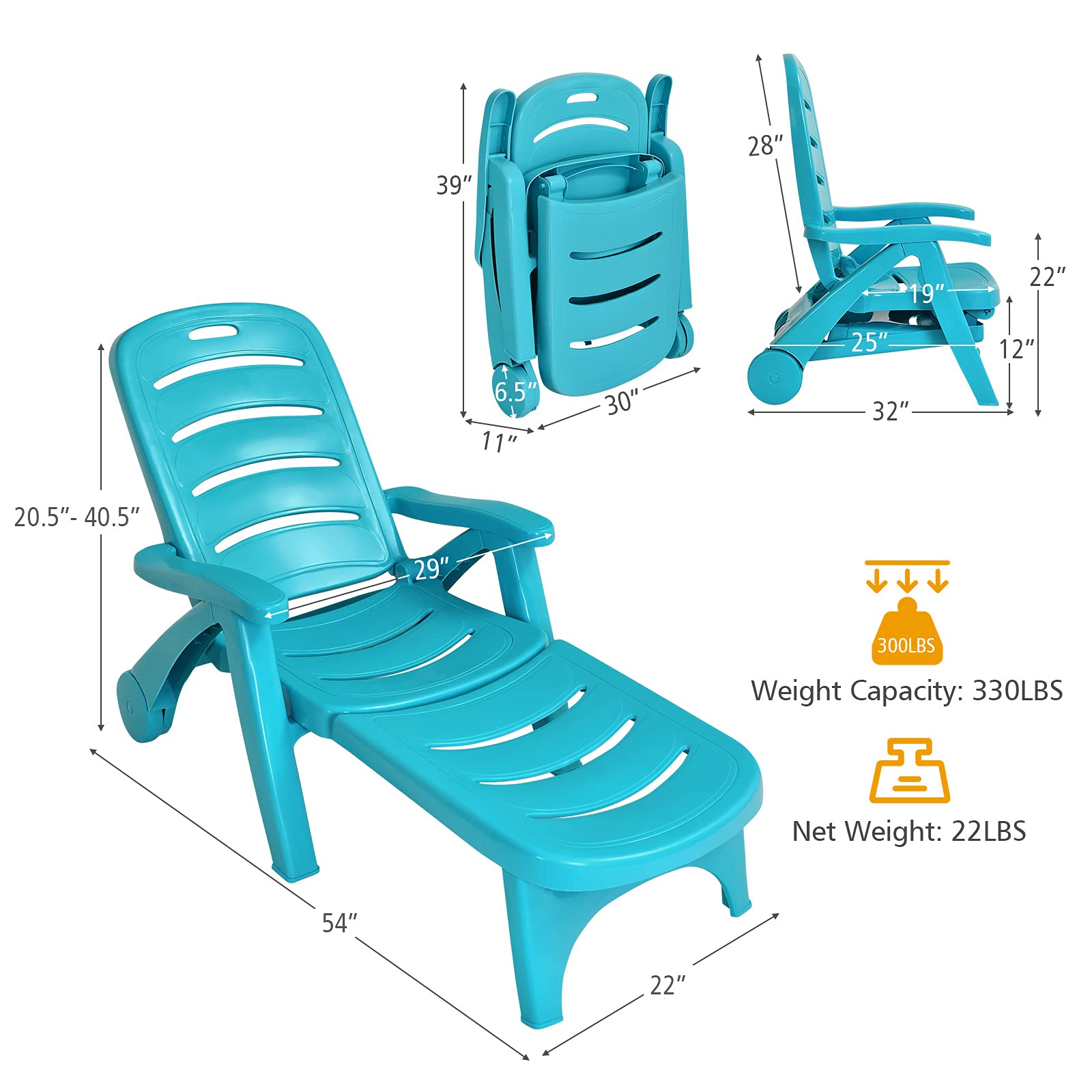 Giantex Folding Patio Chaise Lounge Recliner with Wheels - 5 Adjustable Positions, Armrests & Turquoise Fabric - Perfect for Poolside, Beach, Garden, Backyard & Outdoor Sunbathing - Portable Rolling Deck Chair for Relaxation (2-Pack)