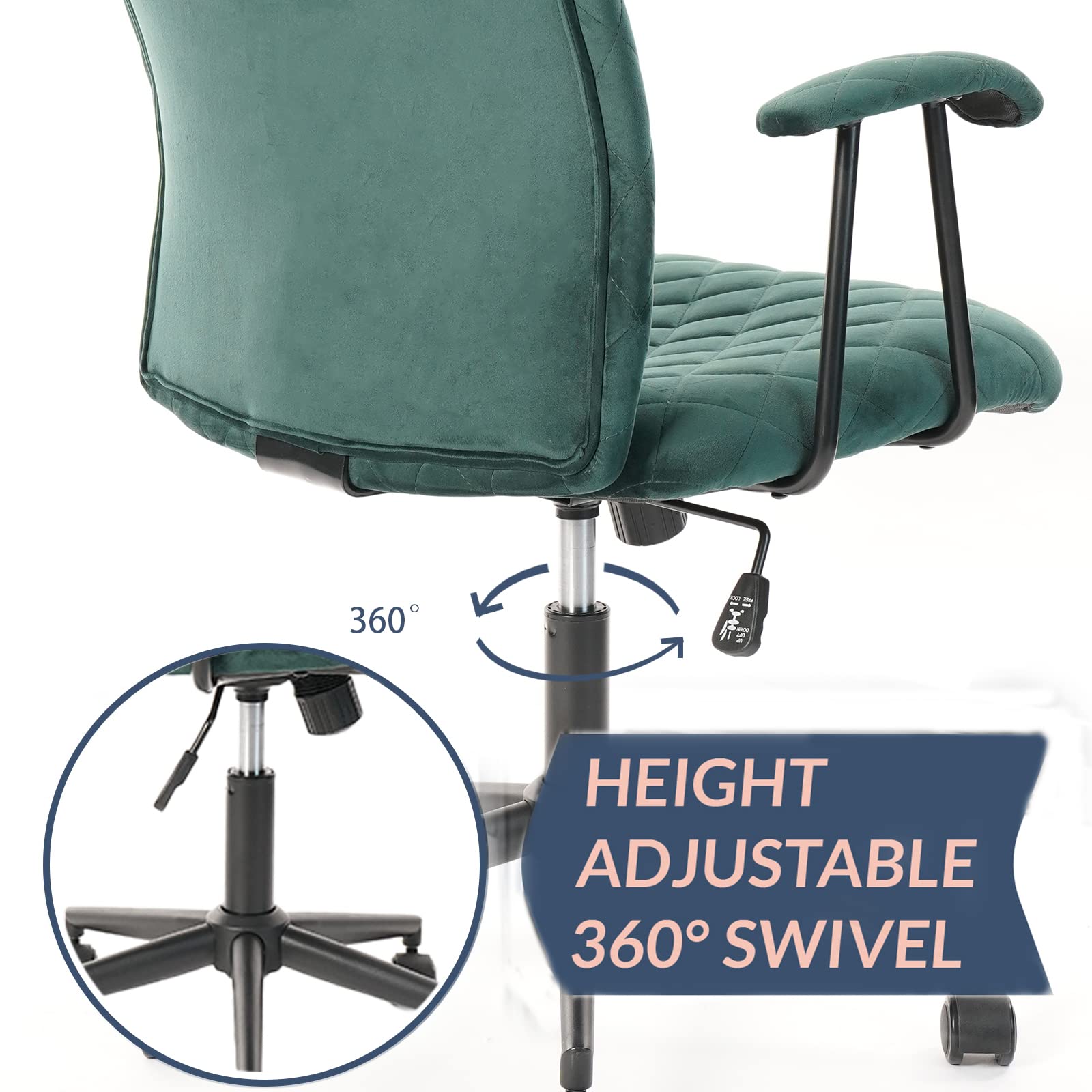 Dark Green Vintage Upholstered Office Chair - Adjustable Swivel Armchair with Lumbar Support & Wheels, Mid-Back Velvet Task Chair (2-Pack) - Perfect for Home Office, Study Room & Gaming Setup