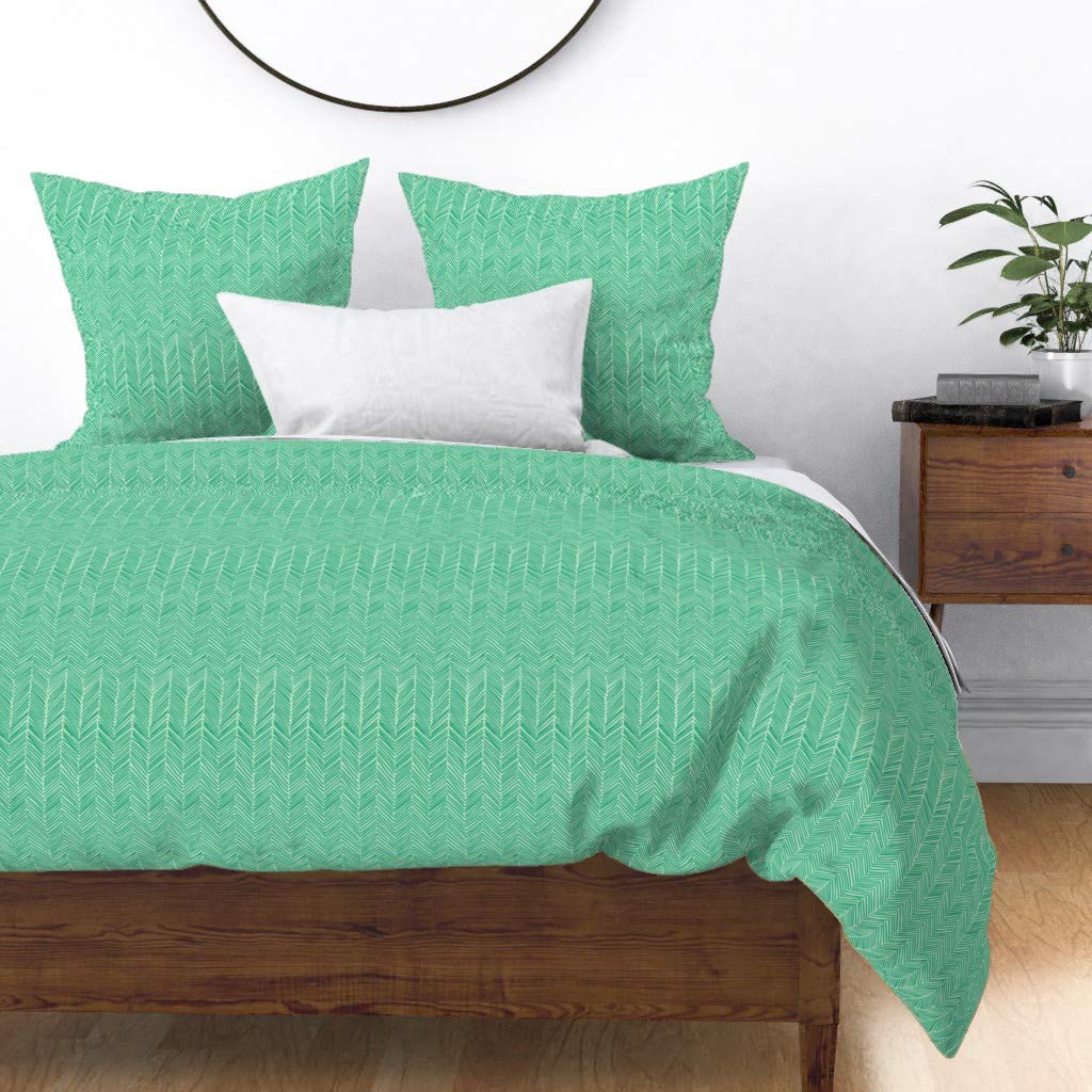 Custom Arrows Mint Green Herringbone Boho Chevron Duvet Cover - Full/Queen Size Cotton Sateen Bedding Set for Spring & Easter Decor | Bright Aqua Print Home Decor | Spoonflower Fabric