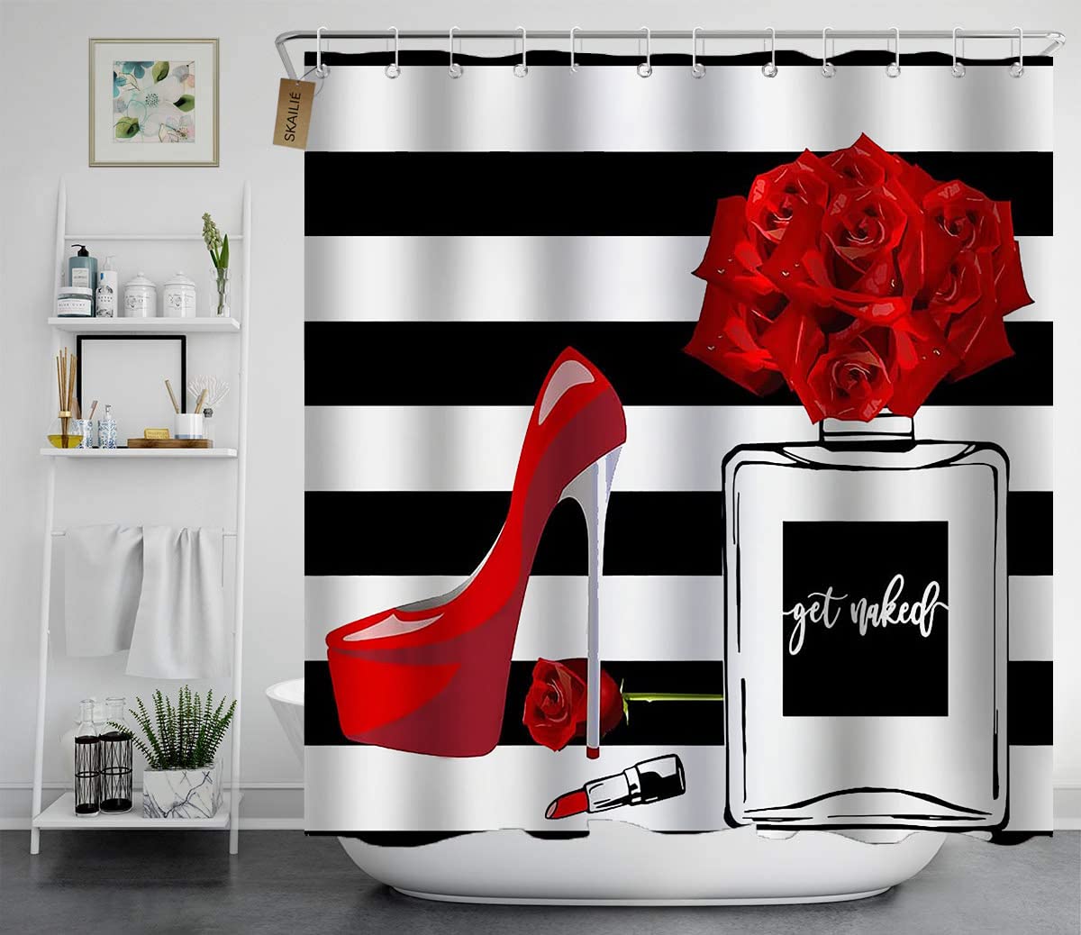 4PCS Fashion Shower Curtain Set - Red High Heels, Lipstick & Perfume Print, Black & White Striped Modern Bathroom Decor with Non-Slip Mat | Valentine's Day Gift, Romantic Women's Bathroom Accessories for Home Decor