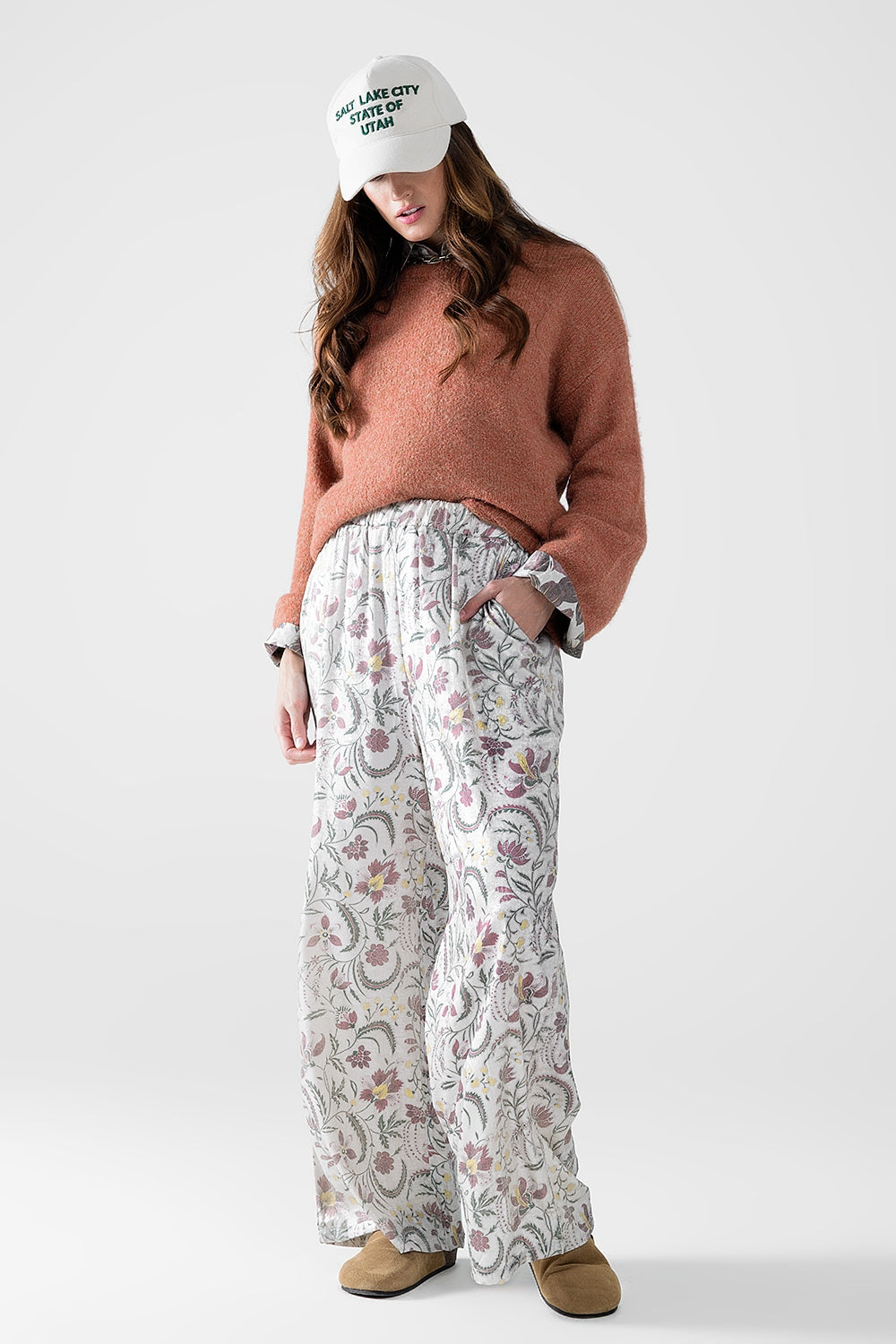 Grey Floral Print Satin Pants for Women - Elegant Lounge & Evening Wear