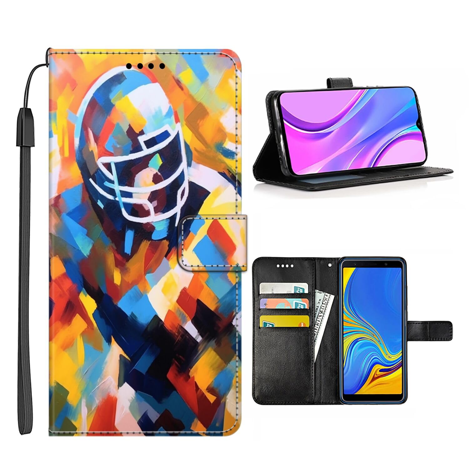 Premium PU Leather Wallet Case for Samsung Galaxy M21S - American Football Rugby Design with Card Slots & Magnetic Stand | Shockproof Protective Phone Cover with Wrist Strap | Perfect for Sports Fans, Travel & Everyday Use