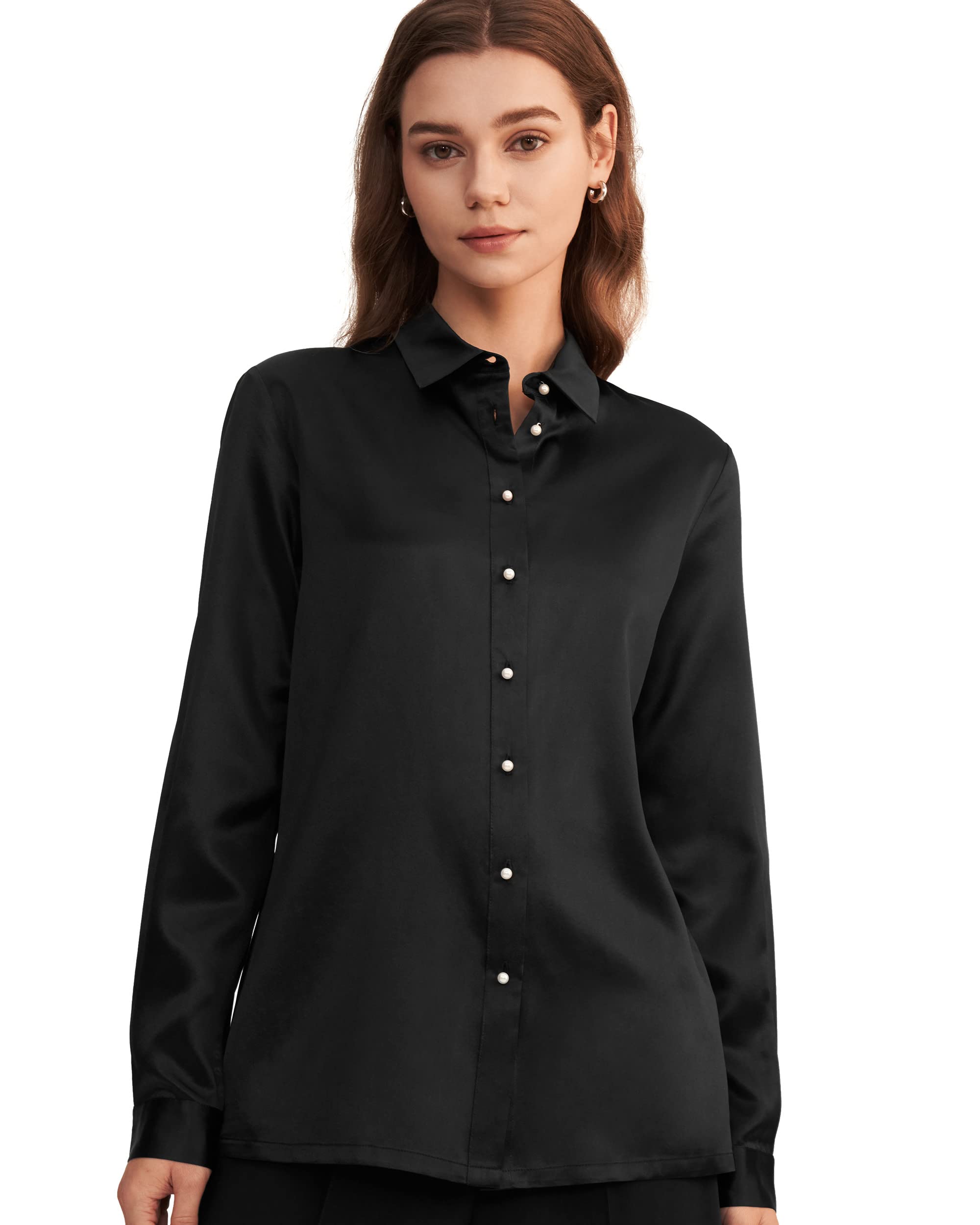 LilySilk Women's Silk Blouse - Elegant Long Sleeve Pearl Button Down Shirt for Office & Formal Wear | Vintage Inspired Silk Top for Ladies | Perfect for Business Meetings, Work Attire & Special Occasions