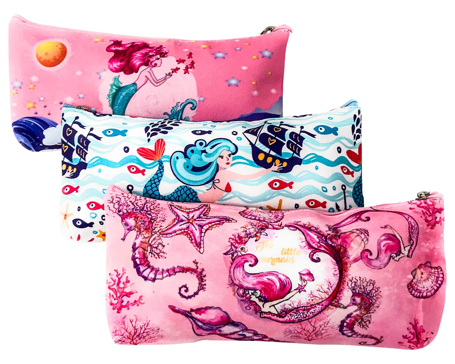 Waterproof Mermaid Cosmetic Bag Set - 3 Pcs Travel Makeup Organizer for Women & Girls, Toiletry Pouch, Jewelry Case, Pen Holder - Perfect for Vacation, Gym, School & Daily Essentials Storage