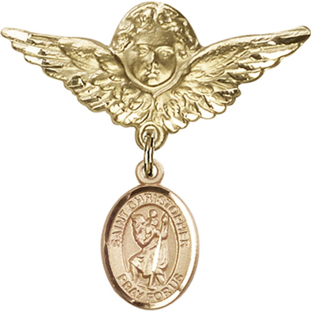 St. Christopher Gold Filled Baby Badge with Angel Wing Charm - 1 1/8 X 1 1/8 Inch Religious Jewelry Pin for Baptism, Christening & Baby Shower Gifts