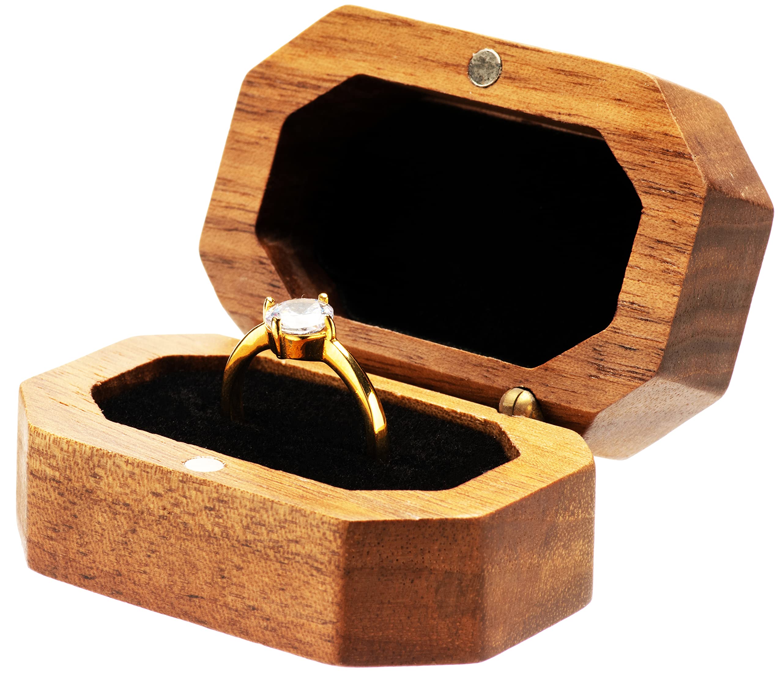 Vintage Wooden Ring Box for Engagement Proposal - Single Ring Holder Jewelry Display Case with Black Inner Lining - Perfect for Wedding, Anniversary & Romantic Gift Giving