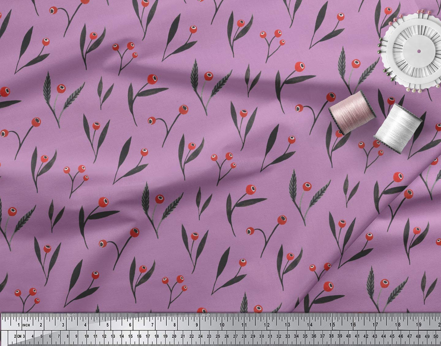 Soimoi Moss Georgette Purple Fabric by The Yard - 42 Inch Wide Printed Fabric with Red Berries & Leaves Design - Festive Timeless Patterns for Seasonal Decor, DIY Crafts, Dressmaking & Home Decoration