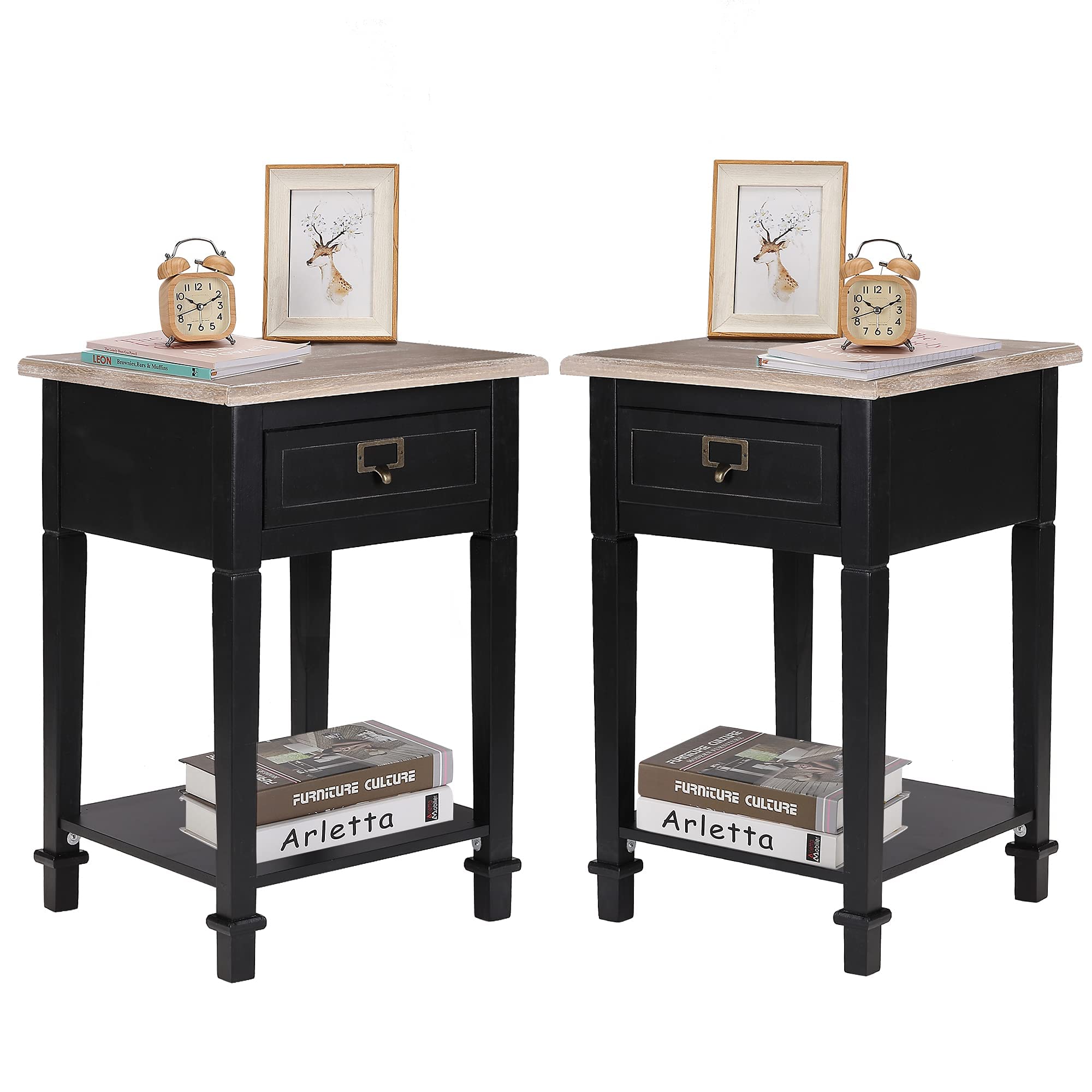 Rustic Farmhouse End Table Set of 2 - Handcrafted Wooden Nightstand with Drawers & Open Shelf for Living Room, Bedroom - Black | Perfect for Small Spaces, Apartment Decor & Cozy Home Styling