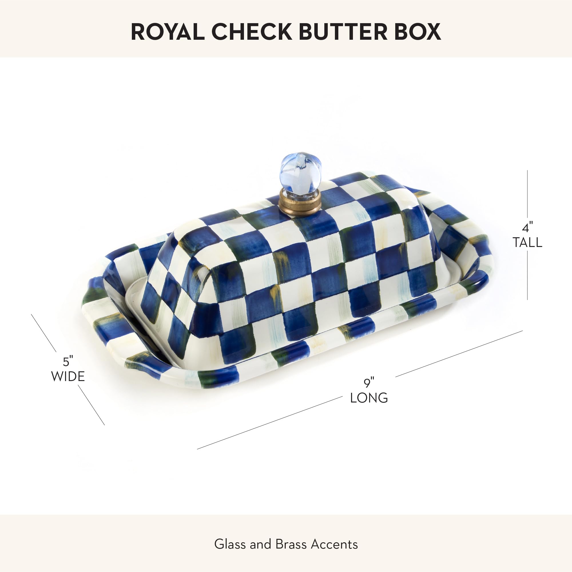 MACKENZIE-CHILDS Enamel Butter Box with Lid - Blue and White Royal Check Pattern Butter Dish - Perfect for Kitchen Storage, Tea Parties & Gift Giving