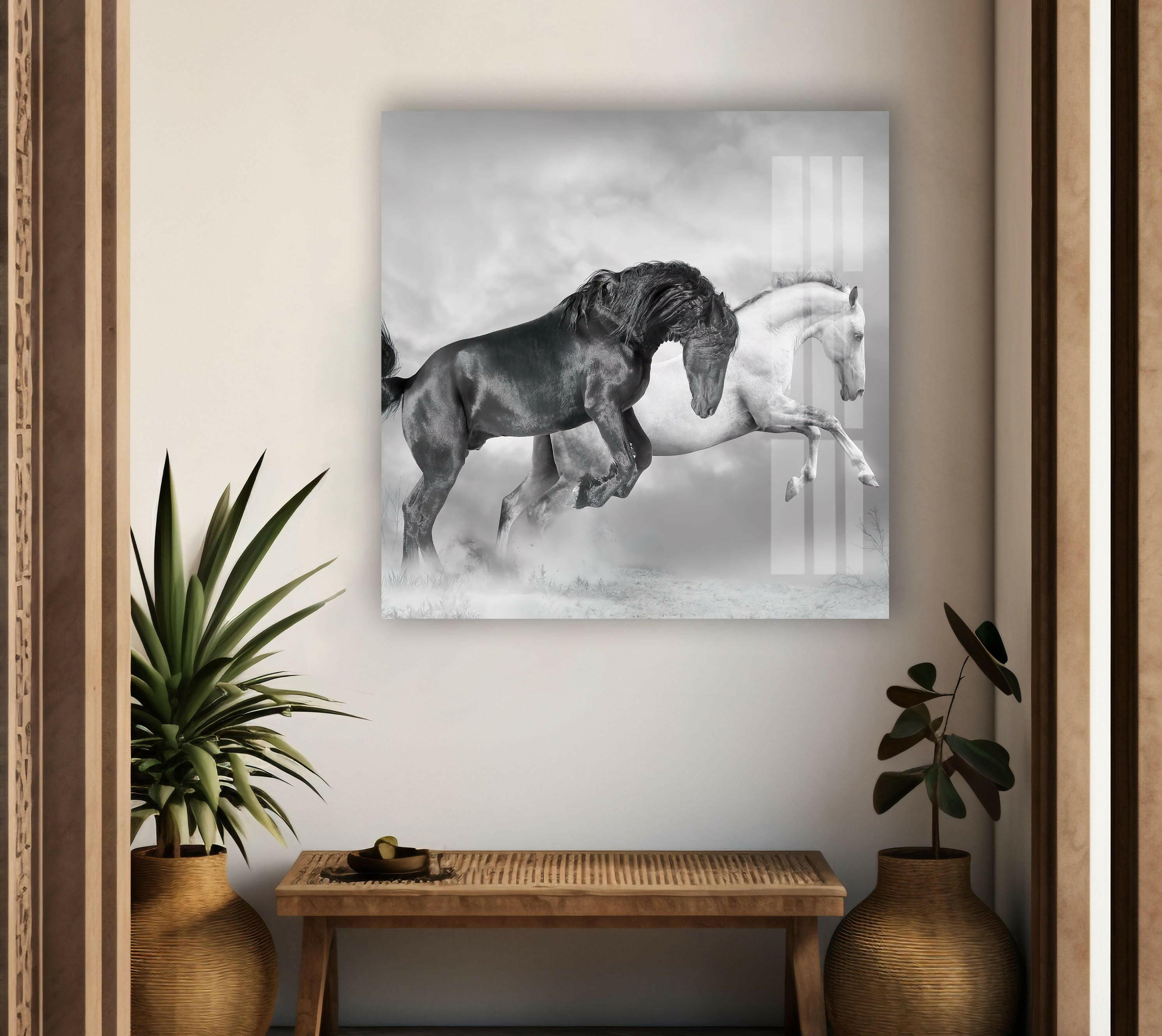 Black & White Wild Horses Running Glass Wall Art - Elegant Home Decor for Living Room, Bedroom & Office - Perfect Modern Art Gift for Horse Lovers