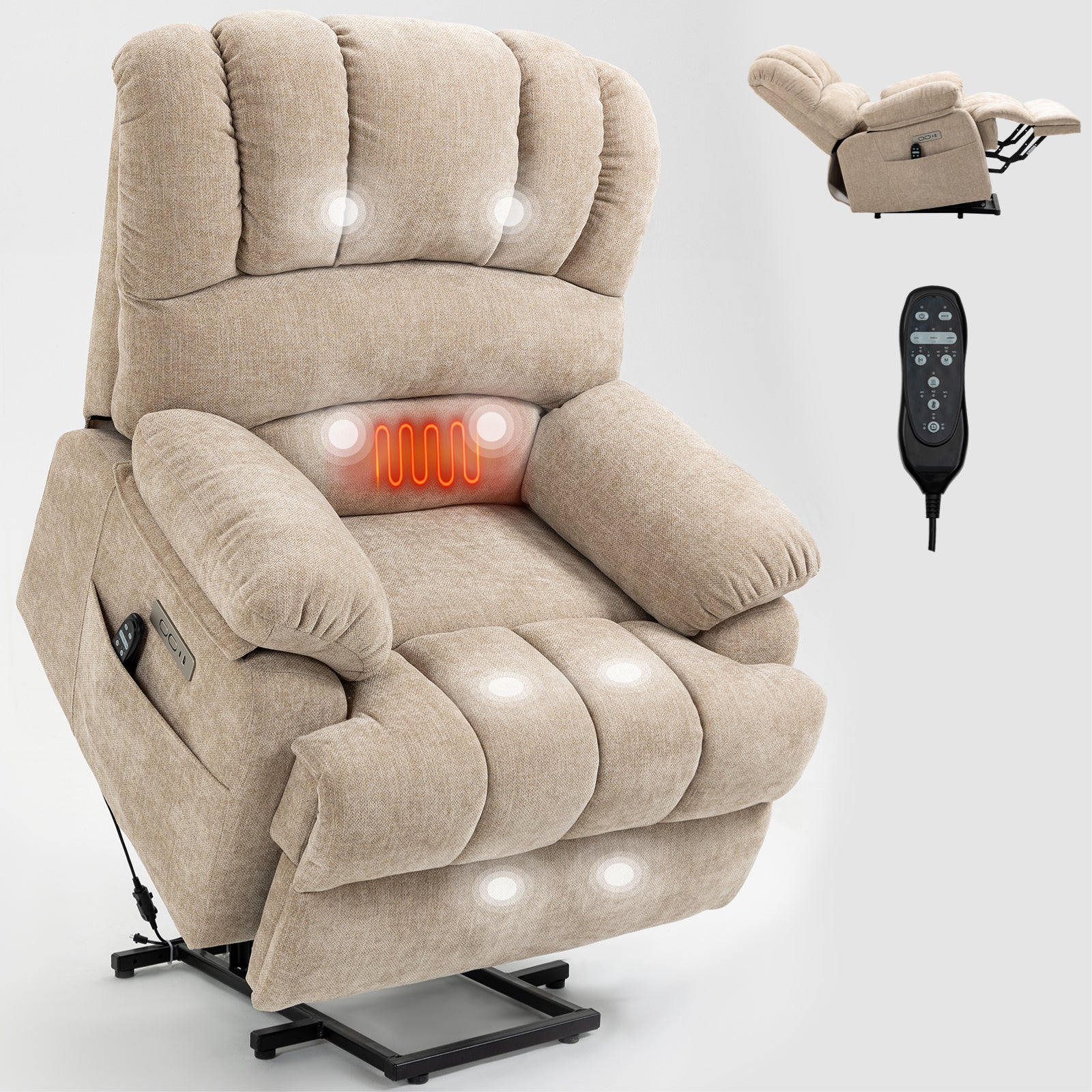 Extra Wide 23-Inch High Back Large Beige Chenille Power Lift Recliner Chair with 8-Point Vibration Massage & Lumbar Heating - Perfect for Living Room, Home Theater & Elderly Comfort