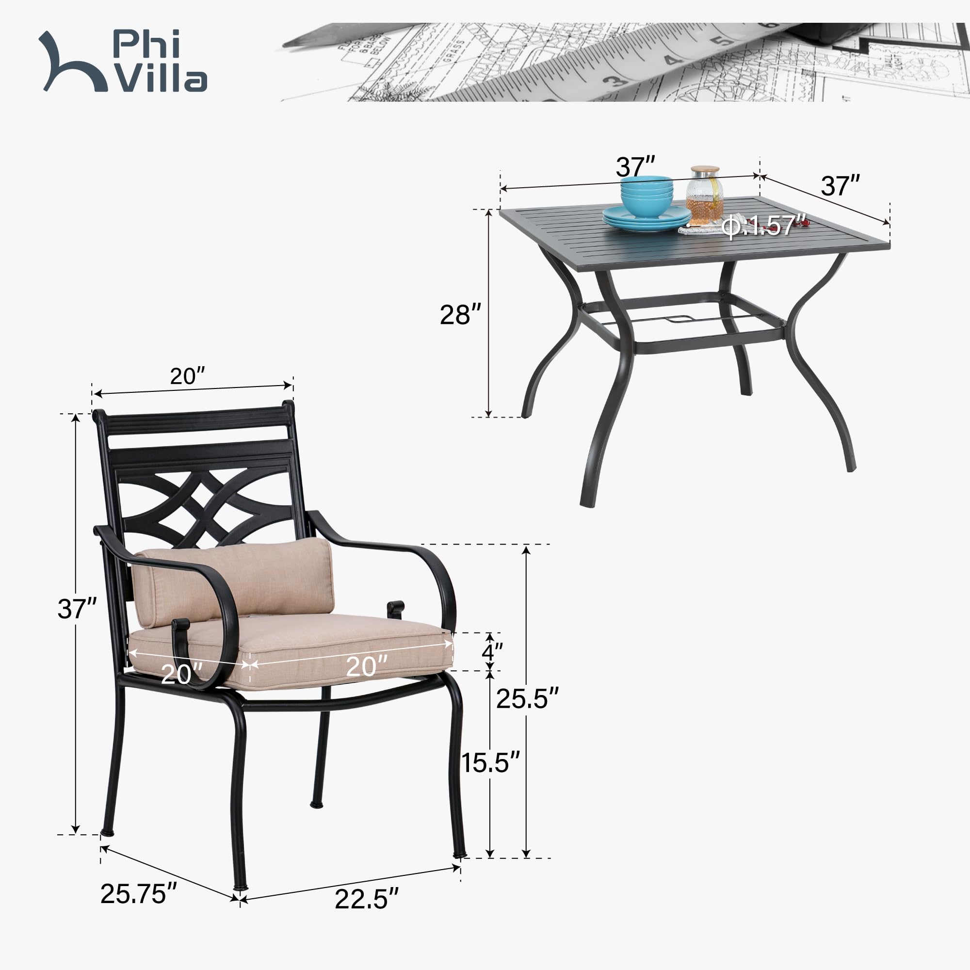 PHI VILLA 5-Piece Outdoor Patio Dining Set - 4 Chairs with Cushions & Steel Square Table - Durable Metal Frame Garden Furniture for Deck, Lawn, Backyard & Poolside Dining