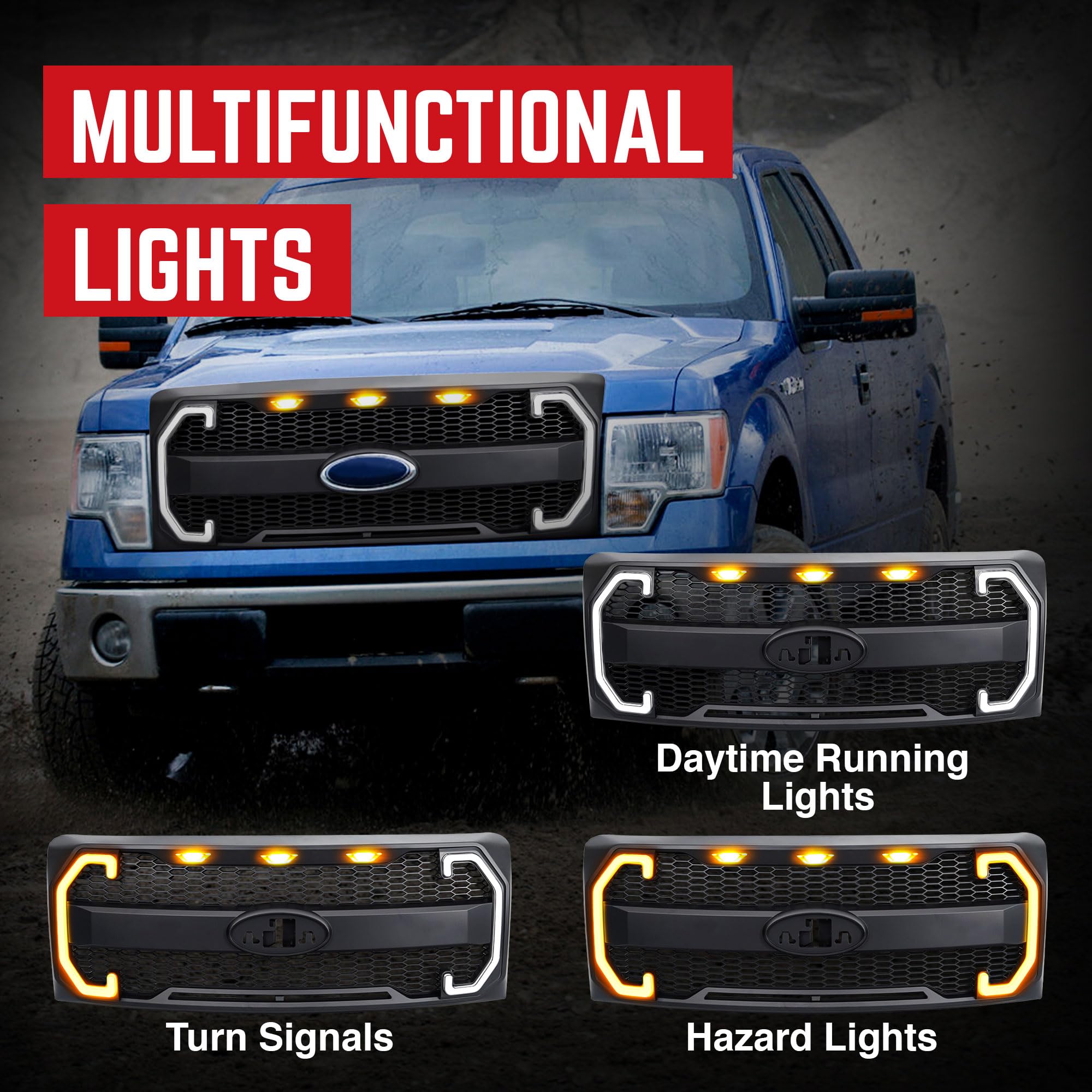 Raptor Style Mesh Grille with DRL & Turn Signals for 2009-2014 Ford F150 | Matte Black | Off-Road & Street Upgrade | Enhanced Style & Visibility