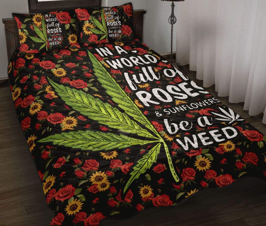 Premium Cannabis Leaf Duvet Cover Set - Twin/King Size Reversible Marijuana Theme Comforter with Rose & Sunflower Design | Soft Weed Quilt for Bedroom Decor, Stoner Gifts & Hippie Style Home